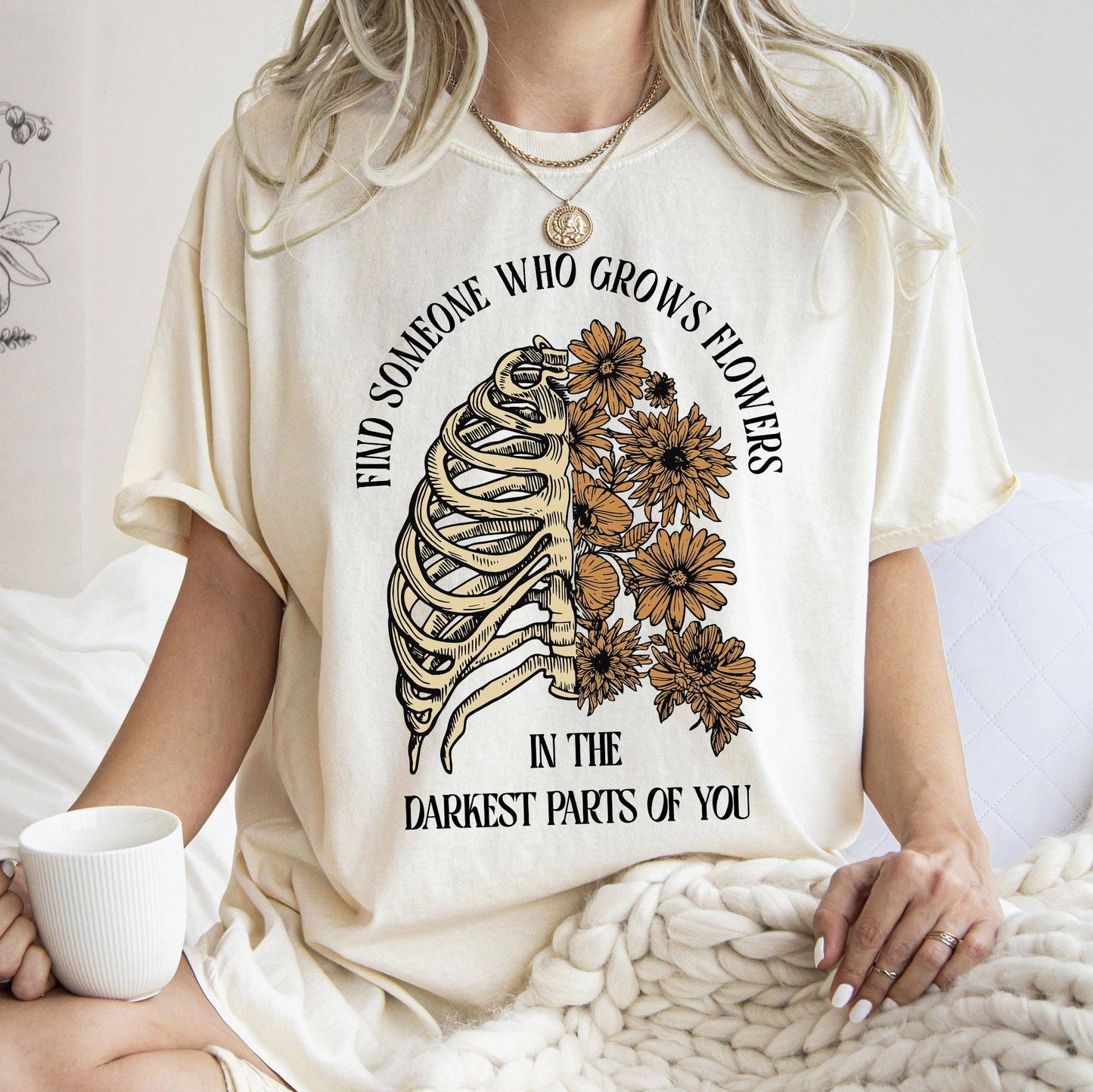 Find Someone Who Grows Flowers, Skeleton, Cowgirl, Tshirt: Medium / Pepper Dark Gray