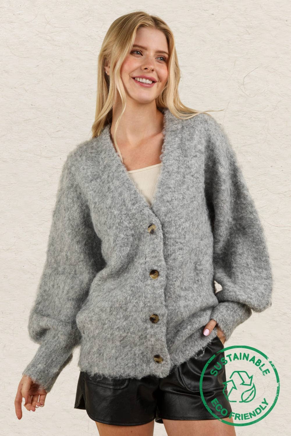 12W3180V-ECO Mohair Button Down Soft Knit Sweater Cardigan: PINK / S-M-L/2-2-2