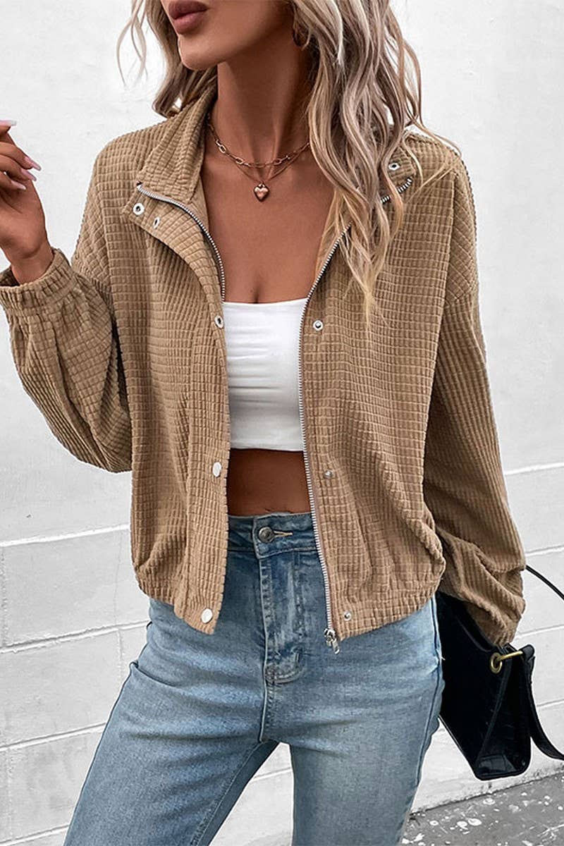 WOMEN HIGH NECK PLAID QUILTED BUTTON UP JACKET_CWOJA0469: Brown / (L) 1