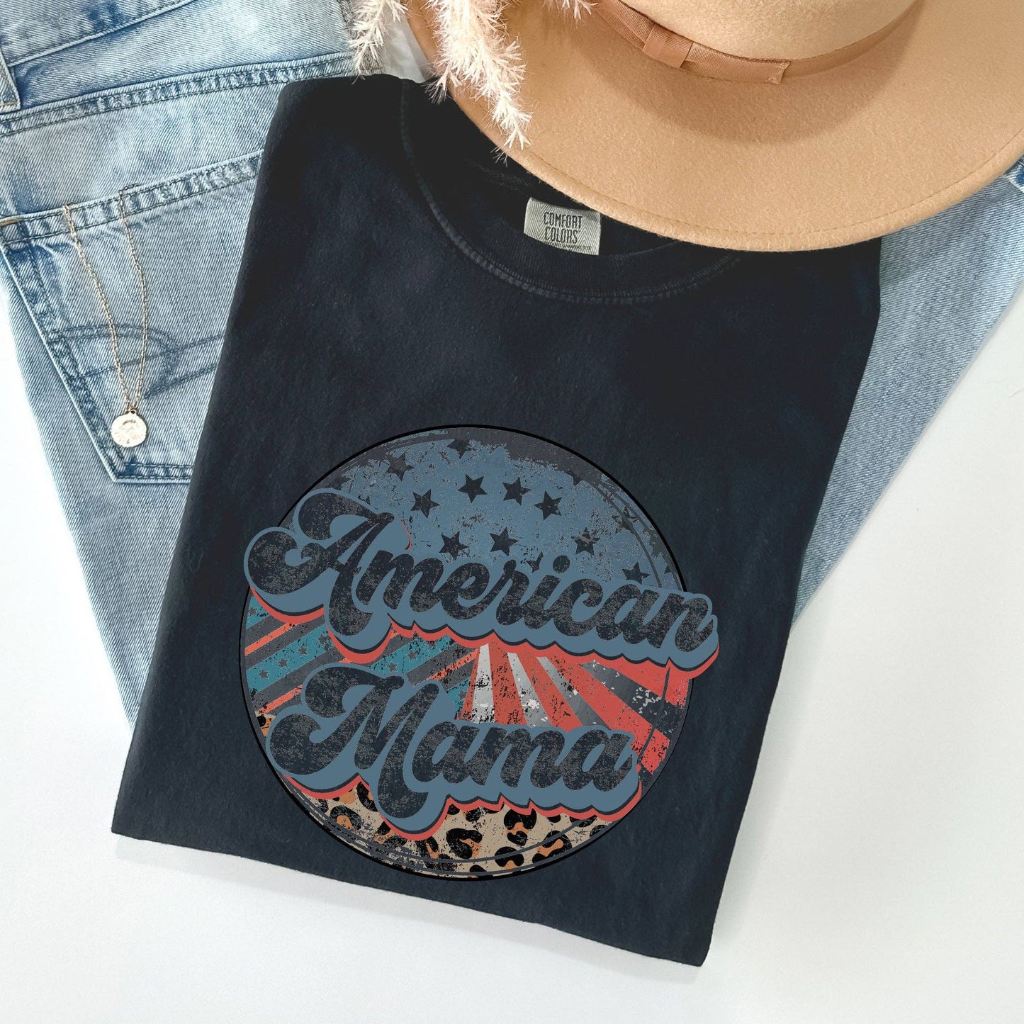American Mama, Leopard Print, Patriotic, 4th of July Tshirt: Medium / Ivory
