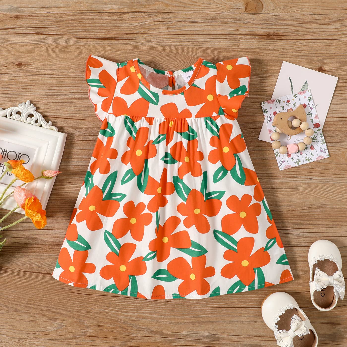 100% Cotton Baby All Over Floral Print Flutter-sleeve Dress: Pink / 12-18 Months