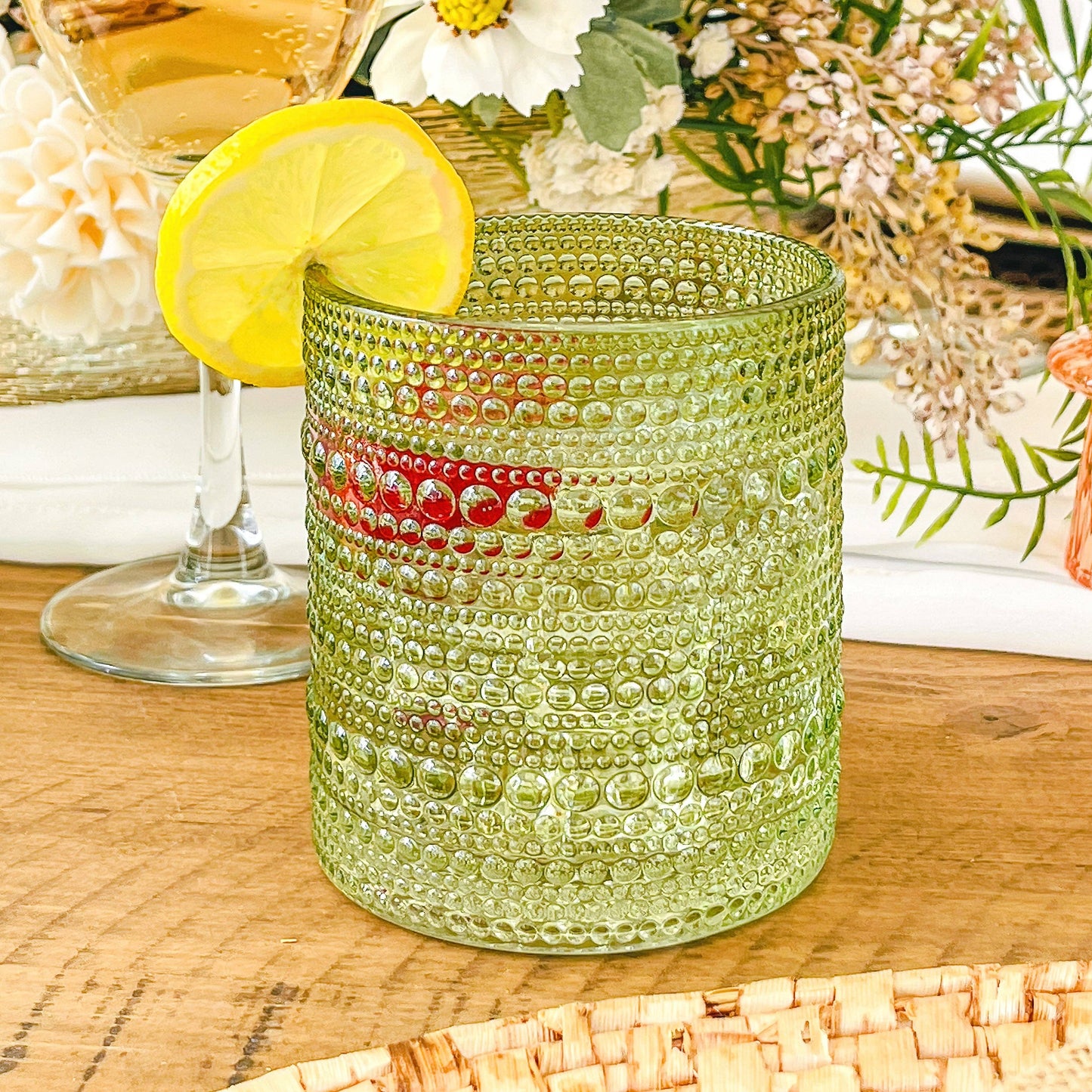 10 oz Beaded Sage Green Old Fashion Drinking Glass Set of 6