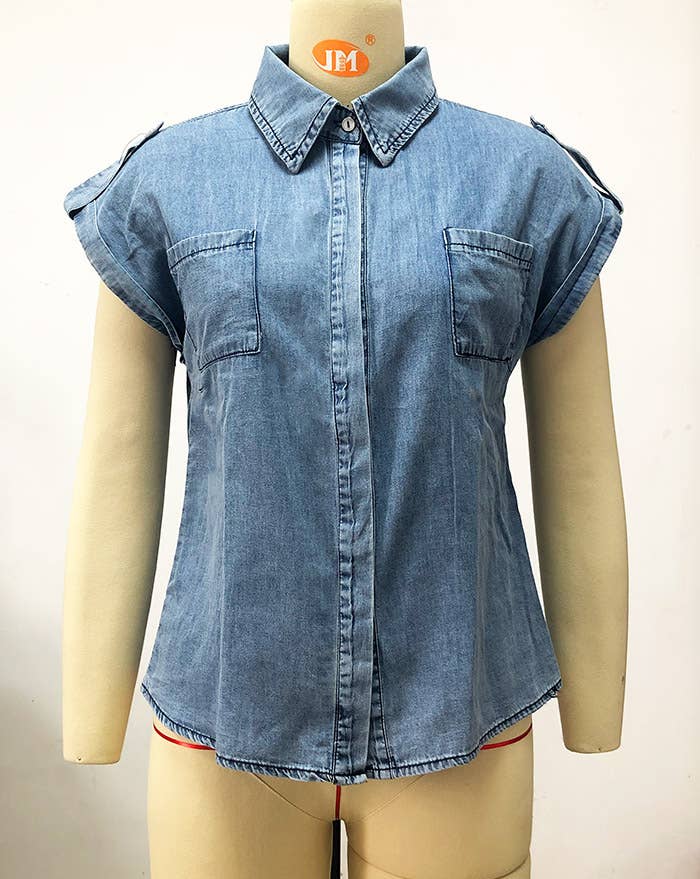 Vintage washed distressed denim sleeveless shirt vest top: Blue / XL