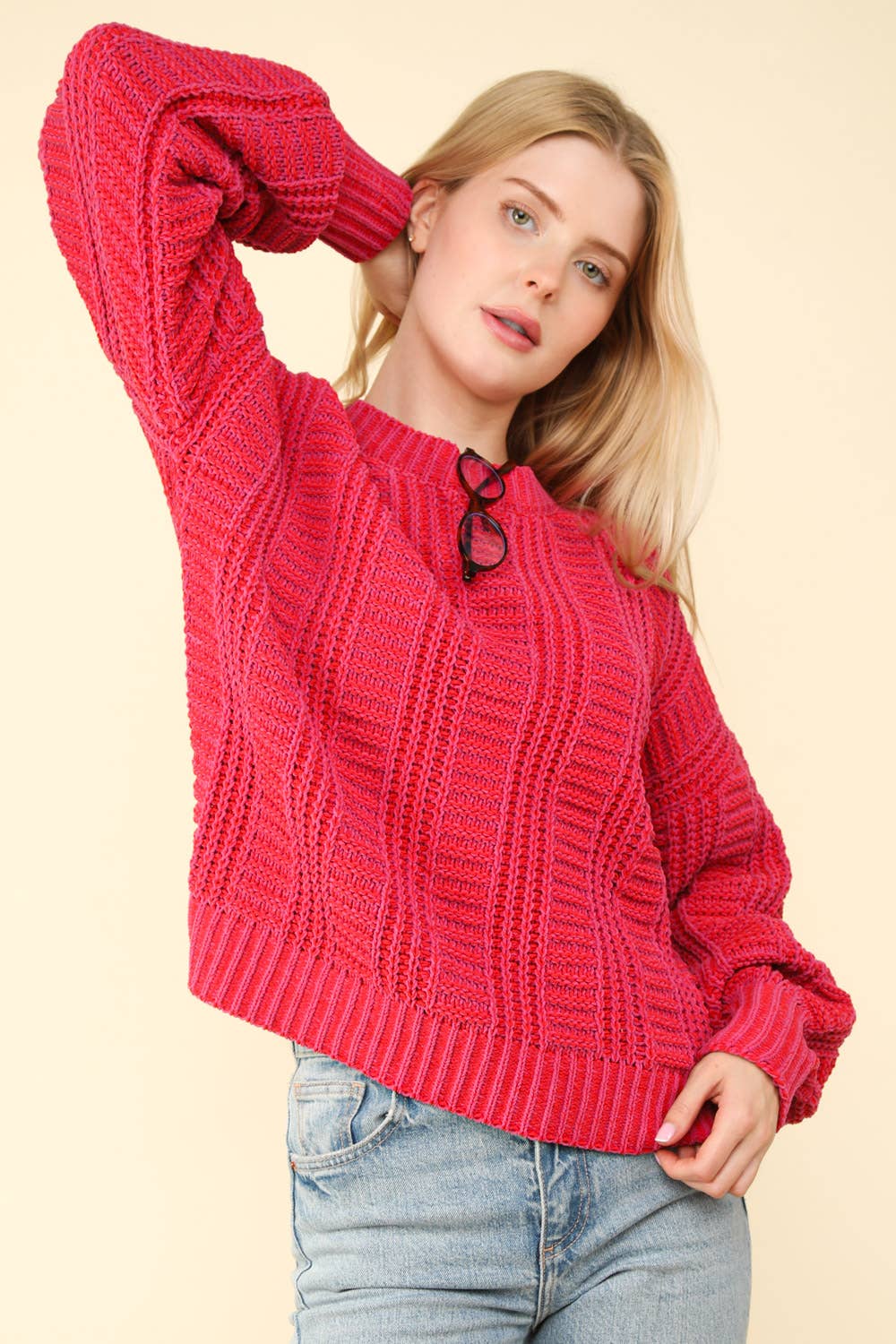 12W3096N-Two Tone Cozy Sweater Knit Top: OLIVE / S-M-L/2-2-2