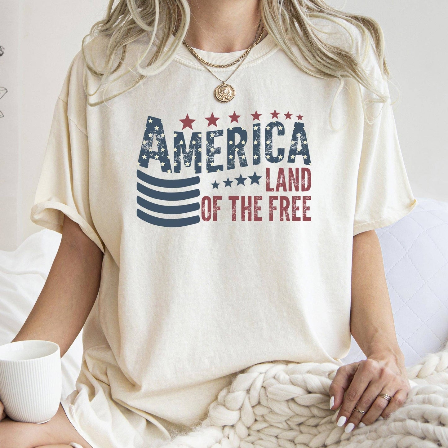America, Flag, Land Of The Free, Patriotic, USA, Vintage, Comfort Colors Tshirt: XL / Ivory Cream