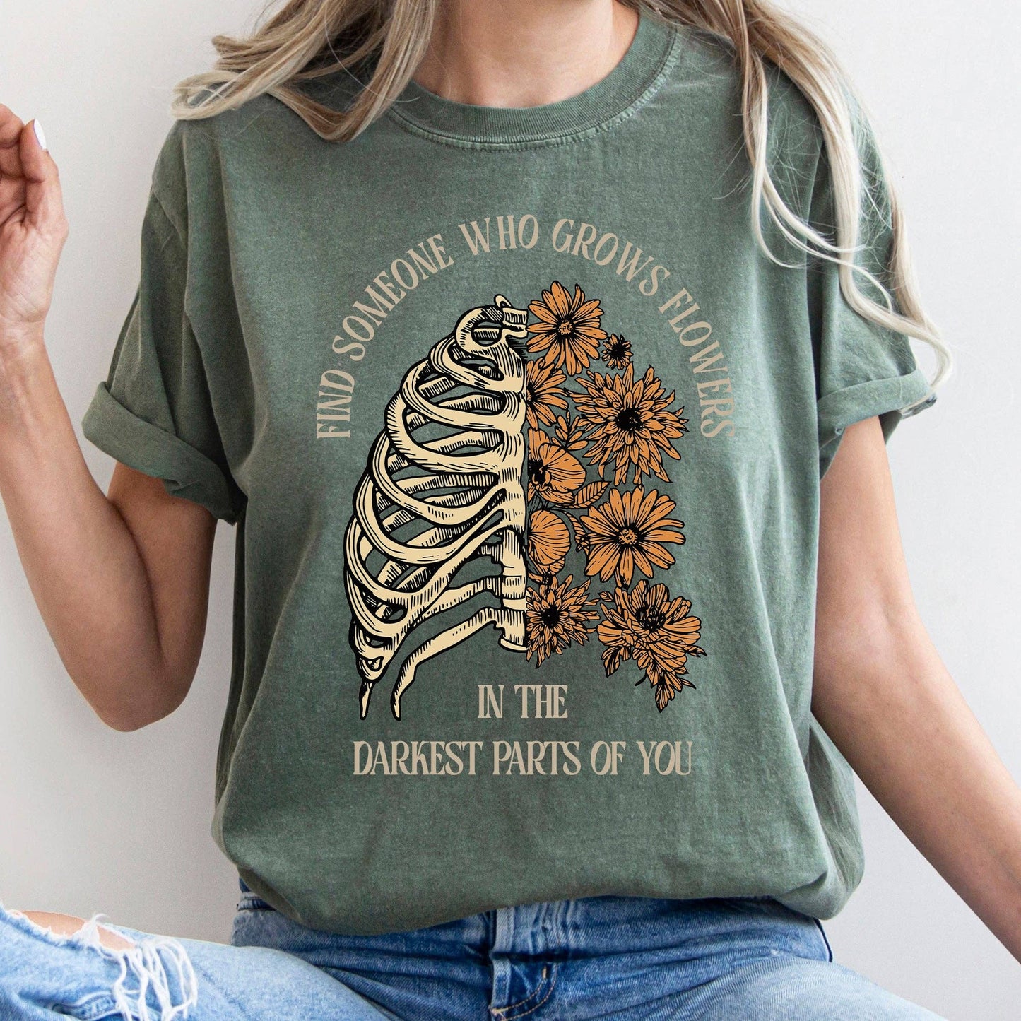 Find Someone Who Grows Flowers, Skeleton, Cowgirl, Tshirt: Medium / Pepper Dark Gray