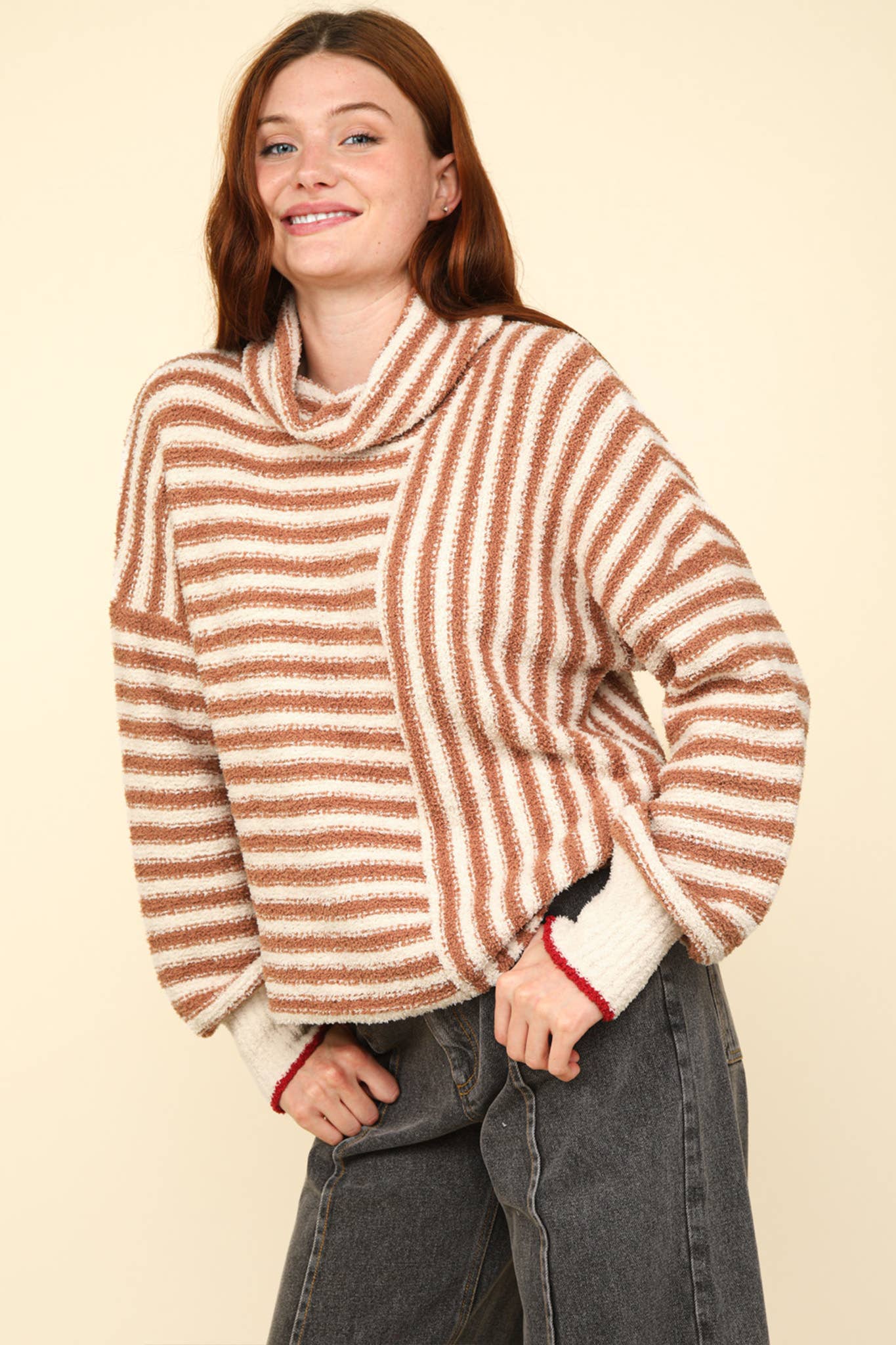 12W3186N-Mock Neck Soft Striped Knit Sweater Top: SAGE / S-M-L/2-2-2