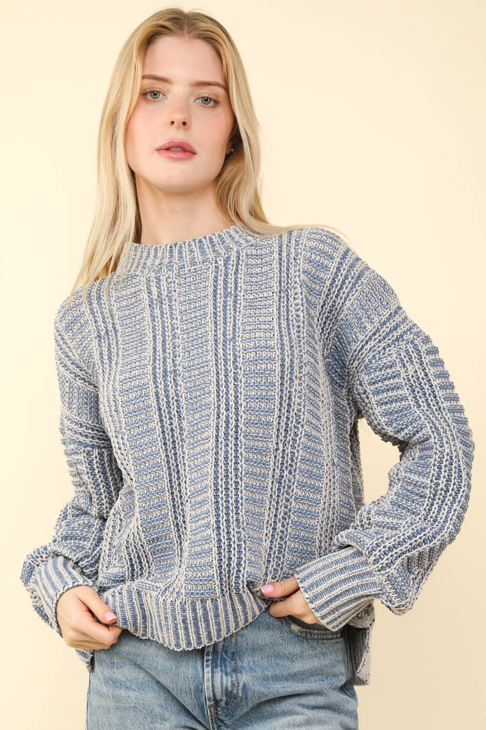 12W3096N-Two Tone Cozy Sweater Knit Top: Red / S-M-L/2-2-2