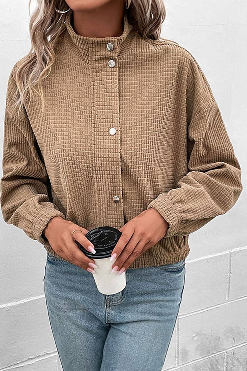 WOMEN HIGH NECK PLAID QUILTED BUTTON UP JACKET_CWOJA0469: Brown / (L) 1