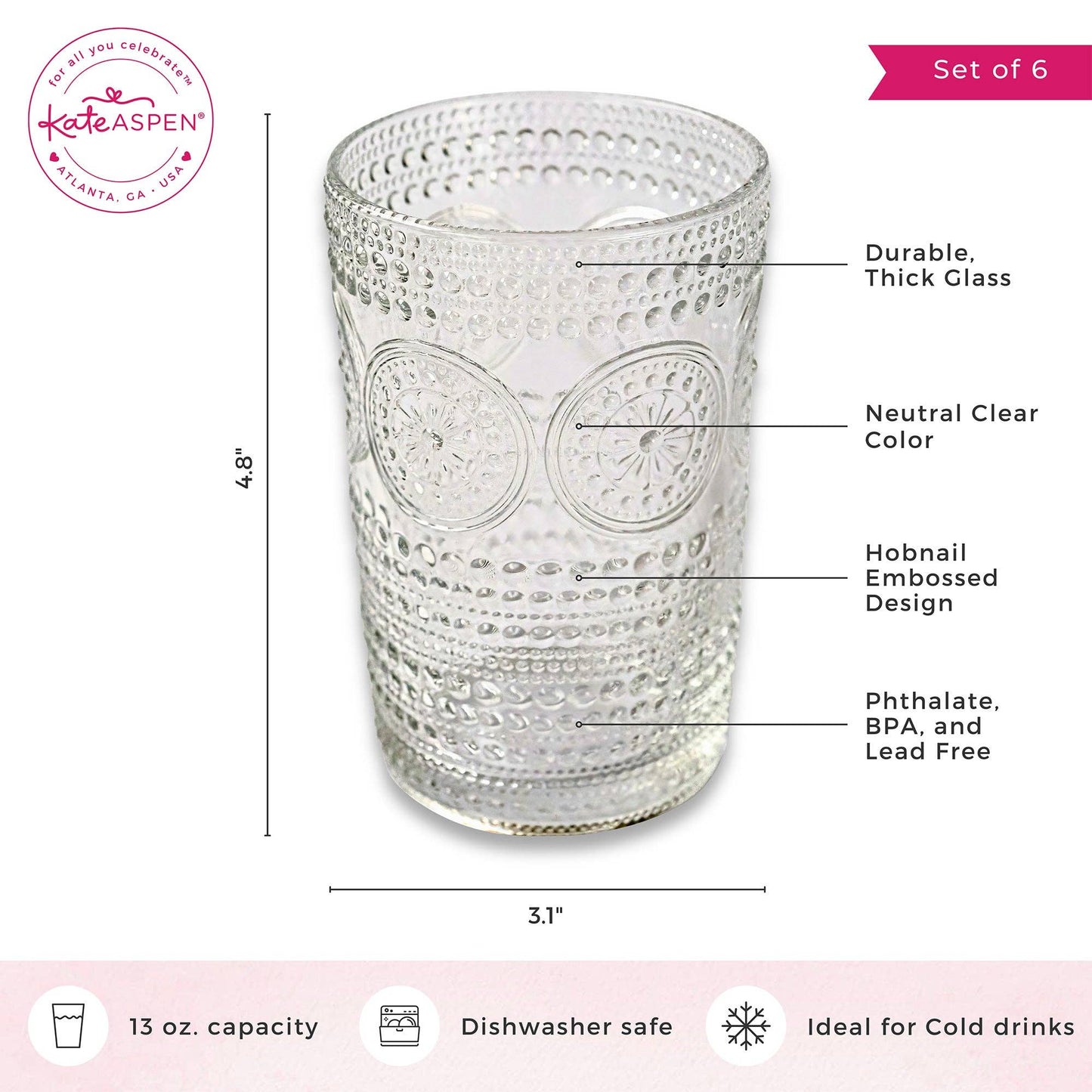 13 oz. Hobnail Beaded Floral Clear Drinking Glasses