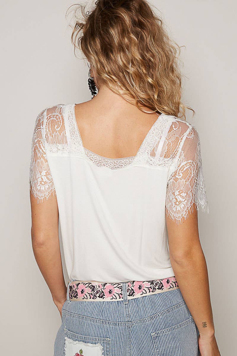 1/2 lace sleeve v-neck tee SALE: IVORY / S
