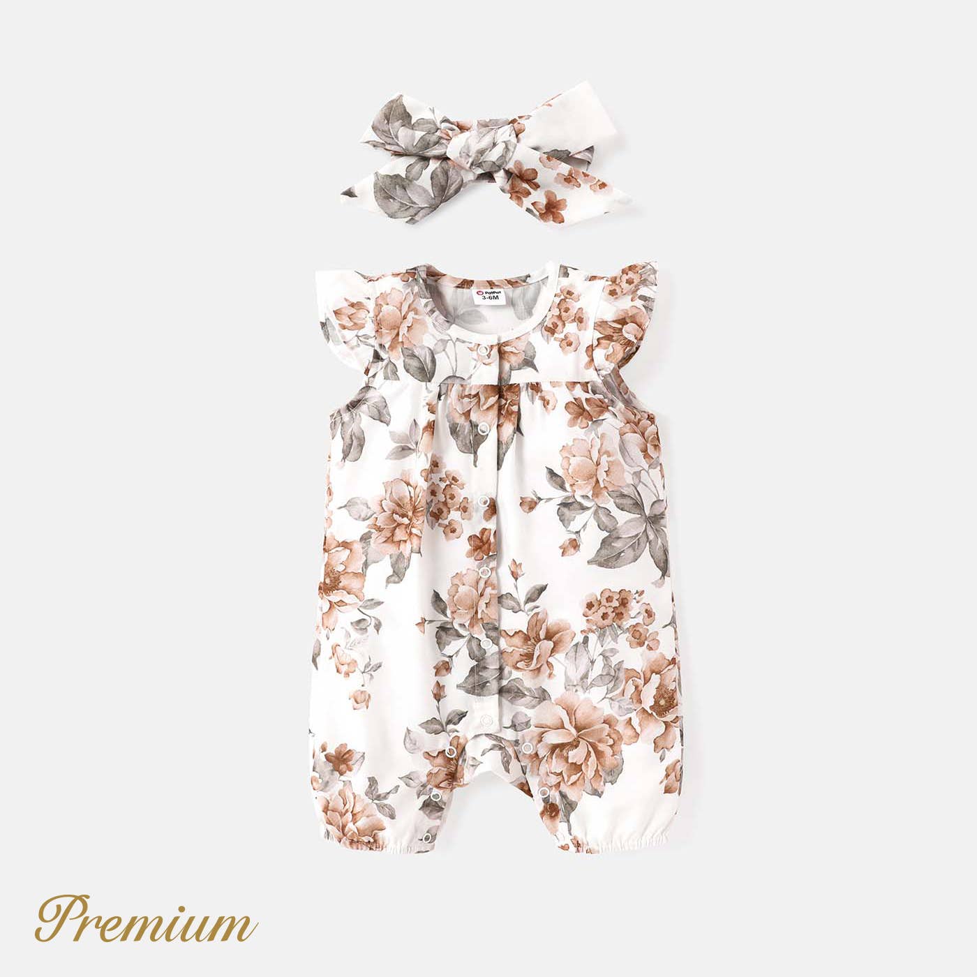 2pcs Baby Girl 100% Cotton Allover Romper & Headband Set: Offwhite / 0-3 Months