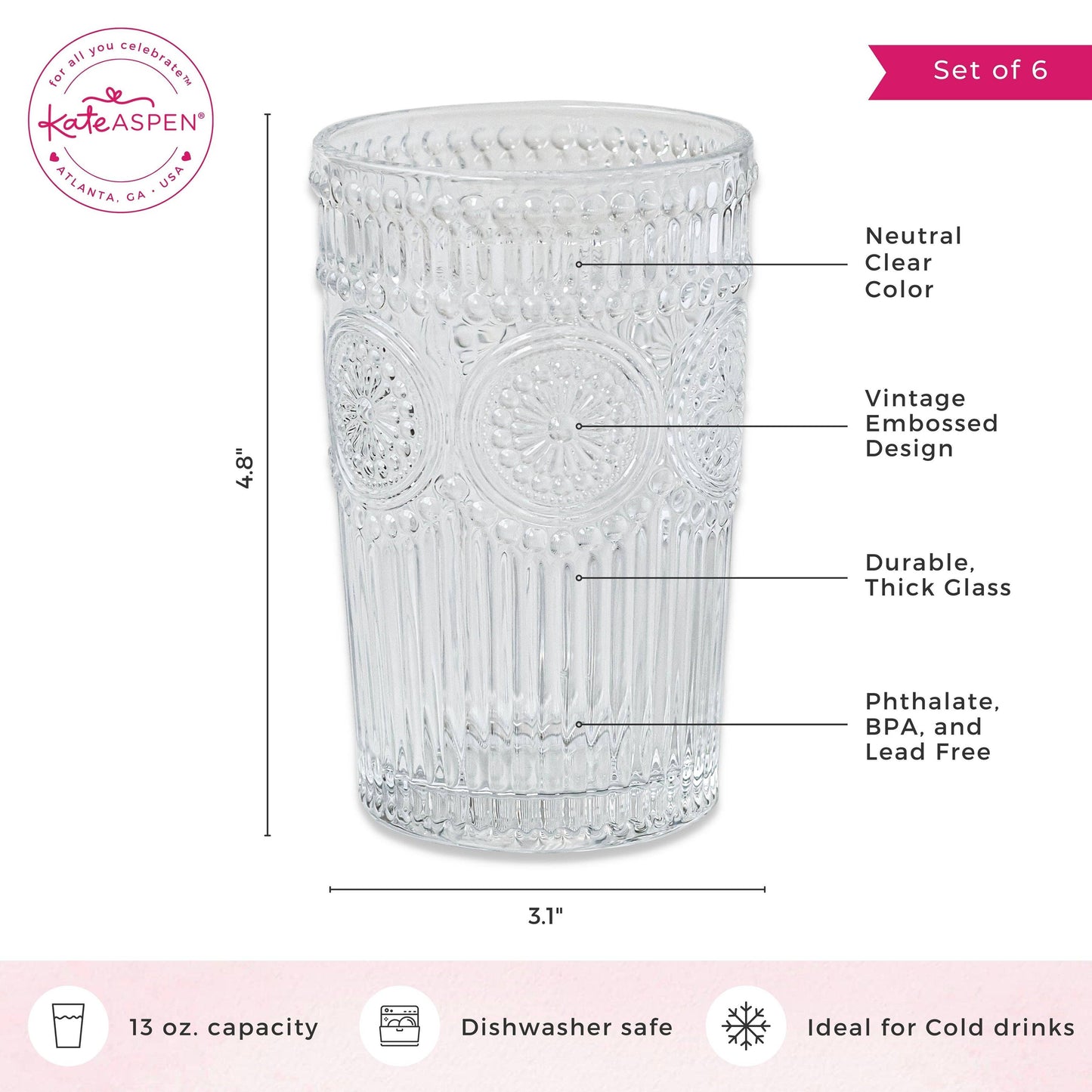 13 oz. Vintage Textured Clear Drinking Glasses