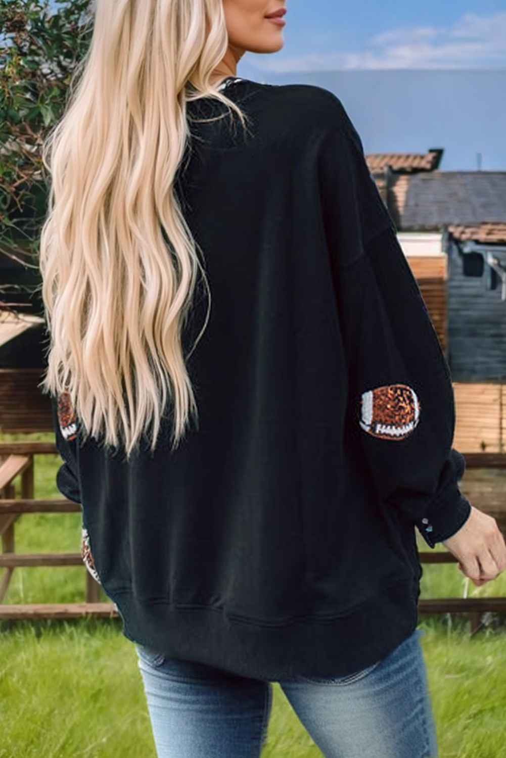 Black Sequin Rugby Graphic Pullover Sweatshirt: Black / Missy / XL