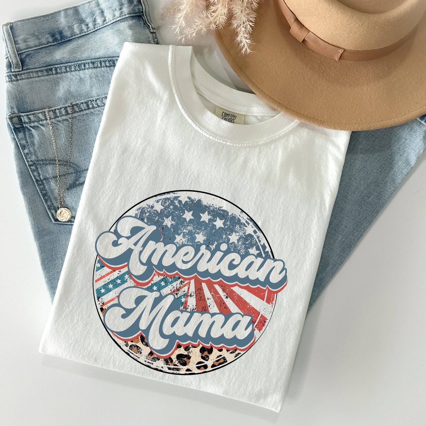 American Mama, Leopard Print, Patriotic, 4th of July Tshirt: Medium / Ivory