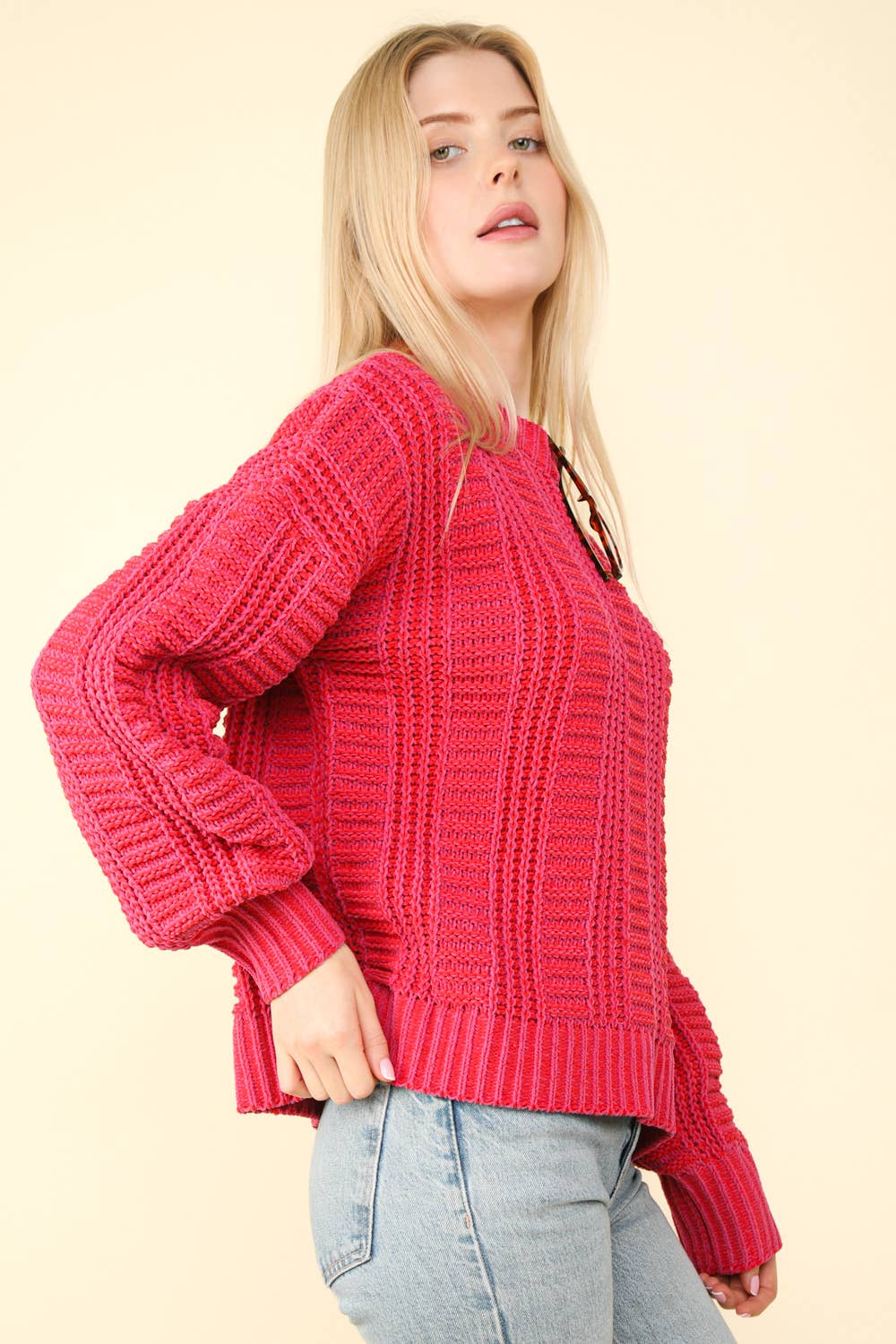 12W3096N-Two Tone Cozy Sweater Knit Top: Red / S-M-L/2-2-2