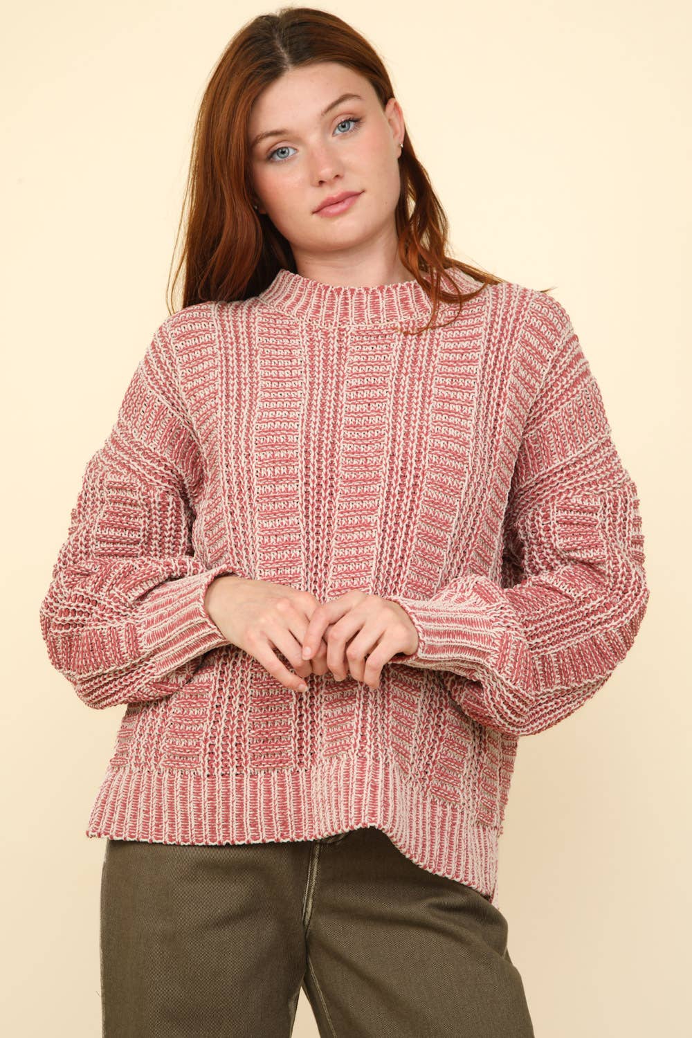 12W3096N-Two Tone Cozy Sweater Knit Top: Red / S-M-L/2-2-2
