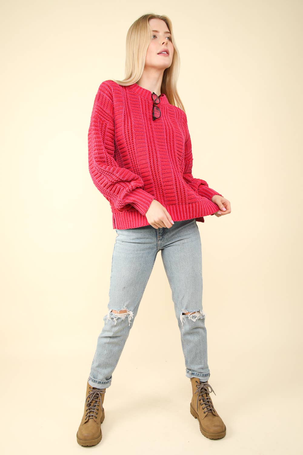 12W3096N-Two Tone Cozy Sweater Knit Top: Red / S-M-L/2-2-2
