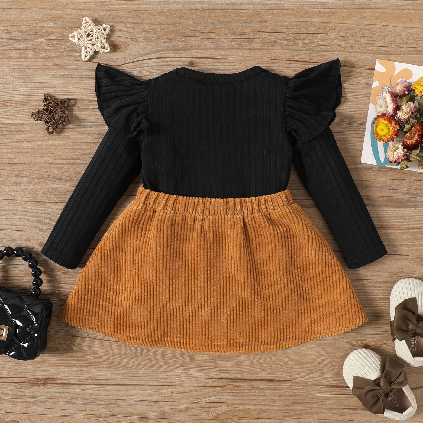2pcs Baby Girl Rib Knit Ruffled Top and Corduroy Skirt Set: Red / 9-12 Months