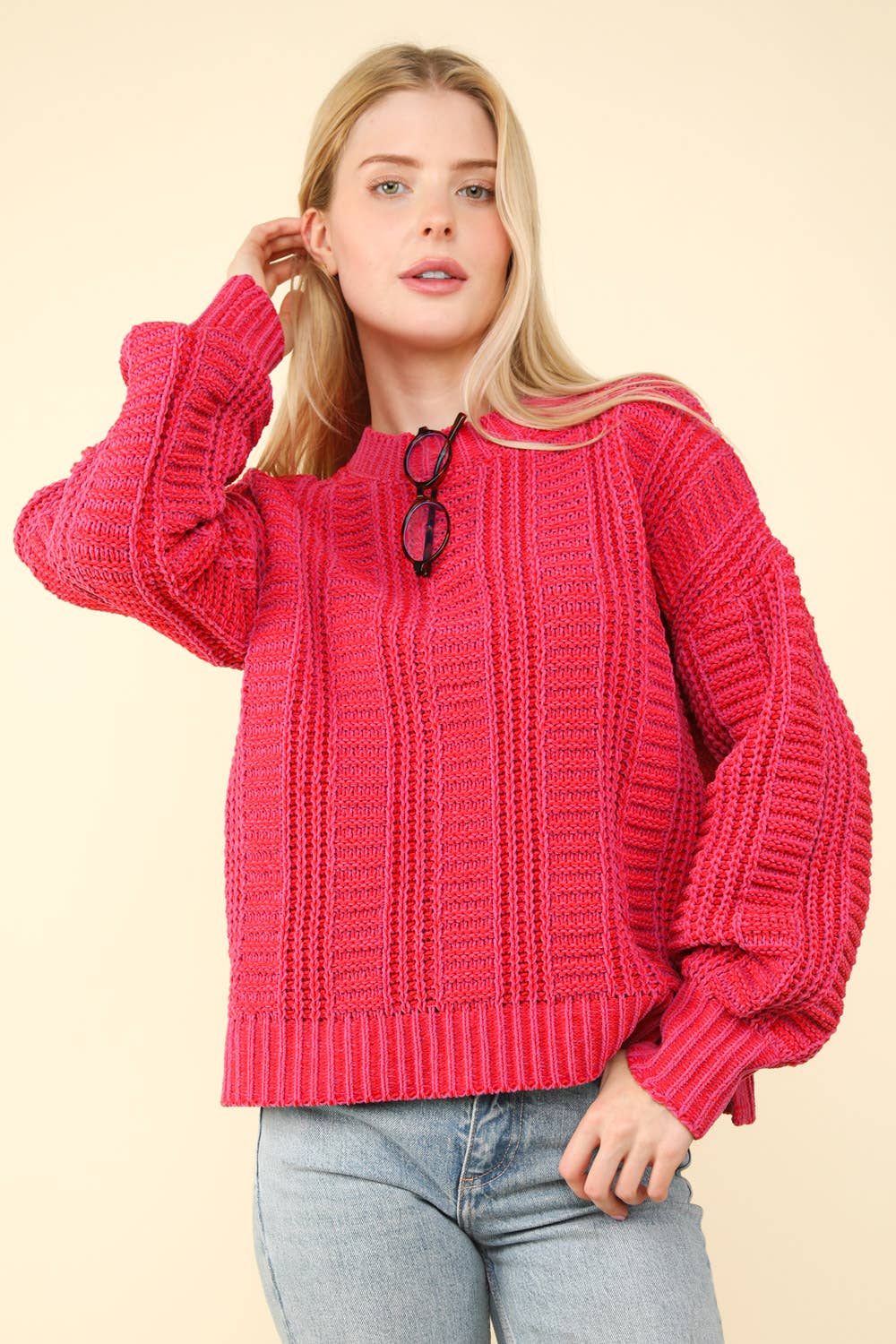 12W3096N-Two Tone Cozy Sweater Knit Top: Red / S-M-L/2-2-2