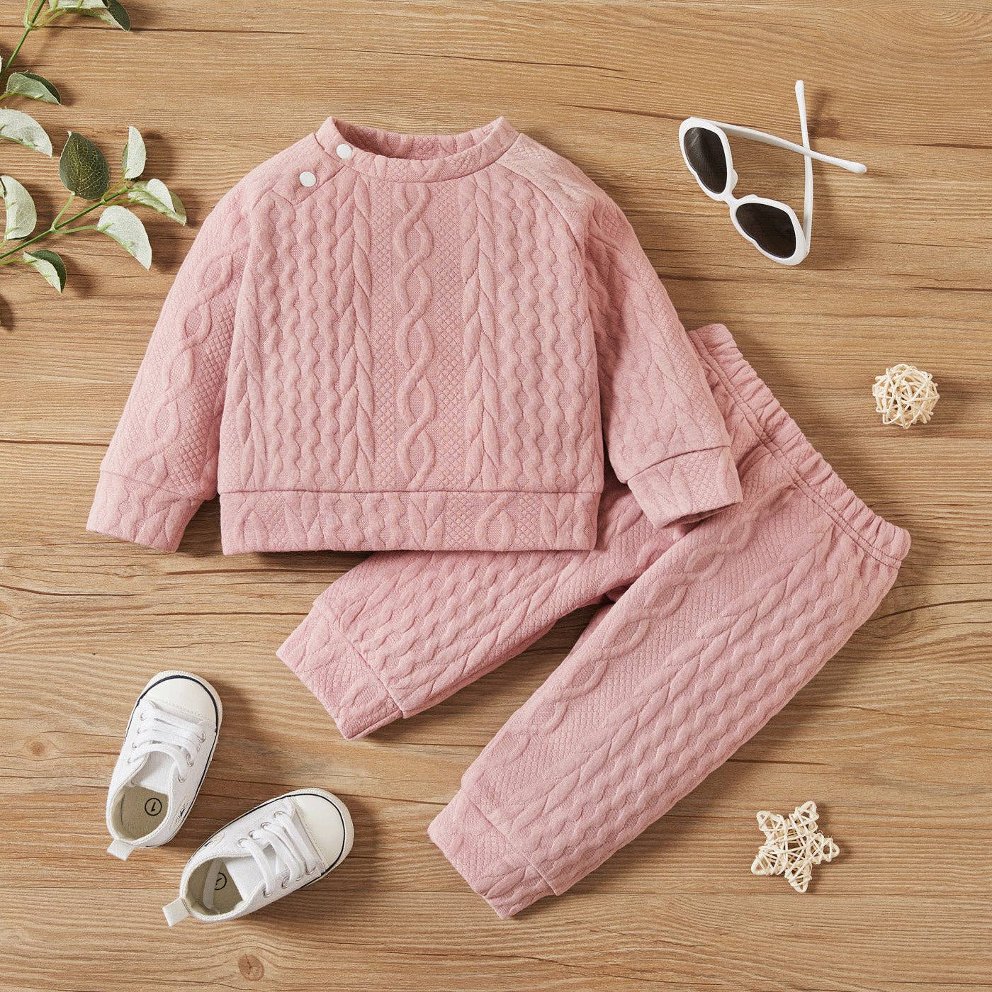 2pcs Solid Long-sleeve Baby Set: Pink / 6-9 Months