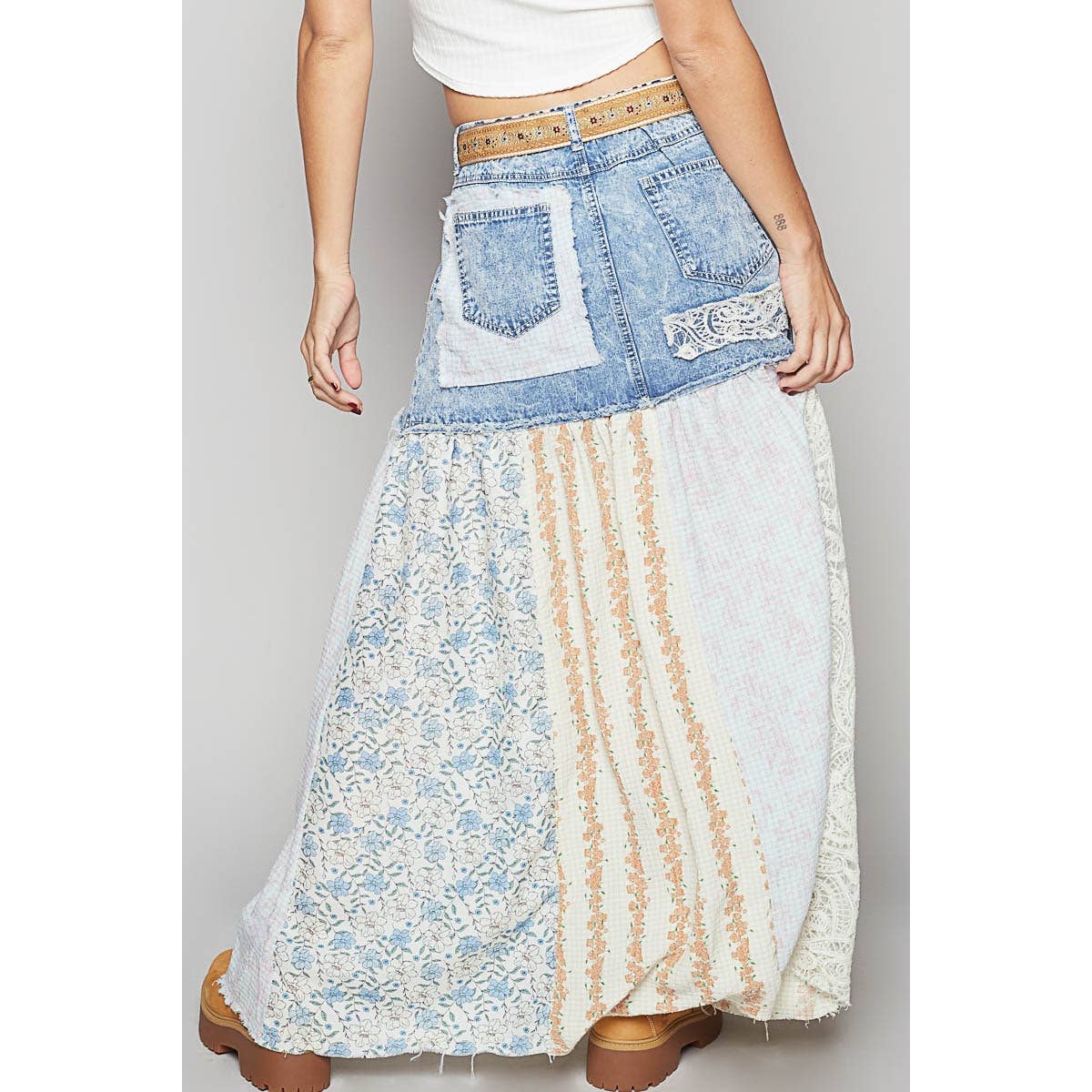 Woven floral print mixed skirt: PINK MULTI / L