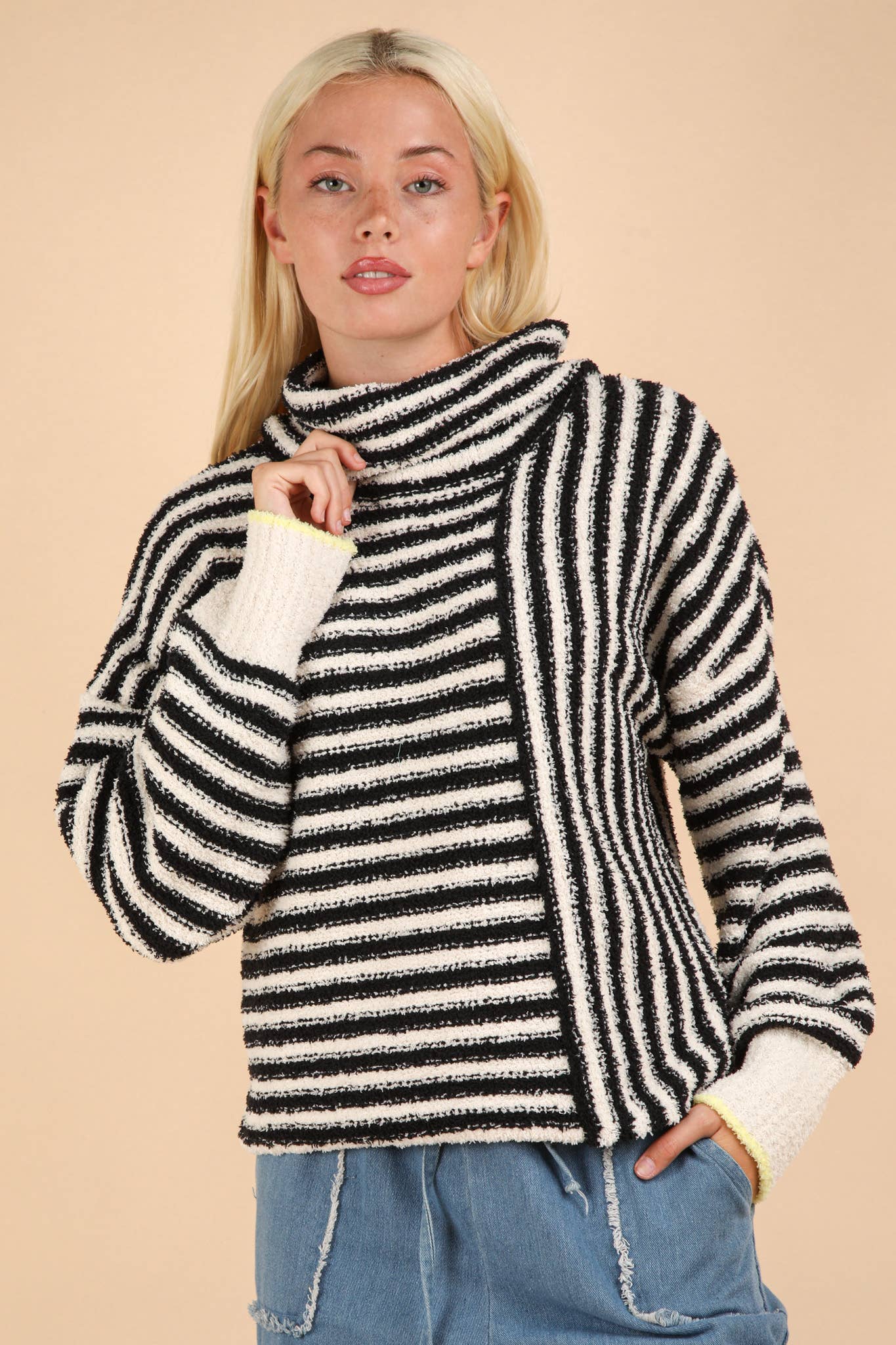 12W3186N-Mock Neck Soft Striped Knit Sweater Top: SAGE / S-M-L/2-2-2