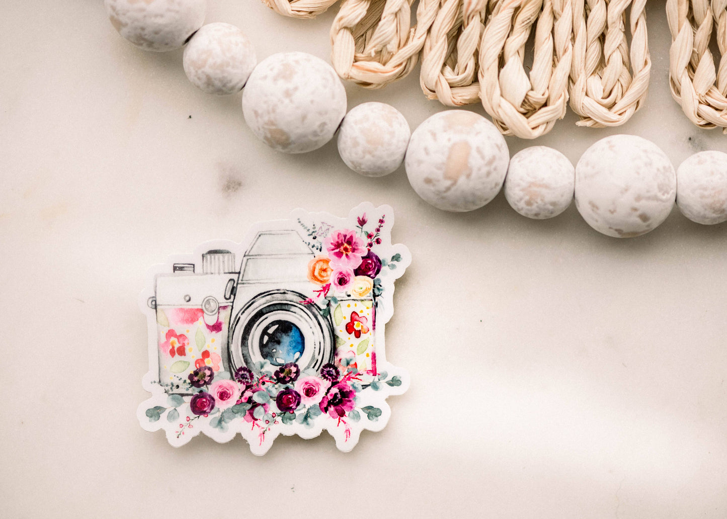 Floral Camera Vinyl Sticker, 3x3 in