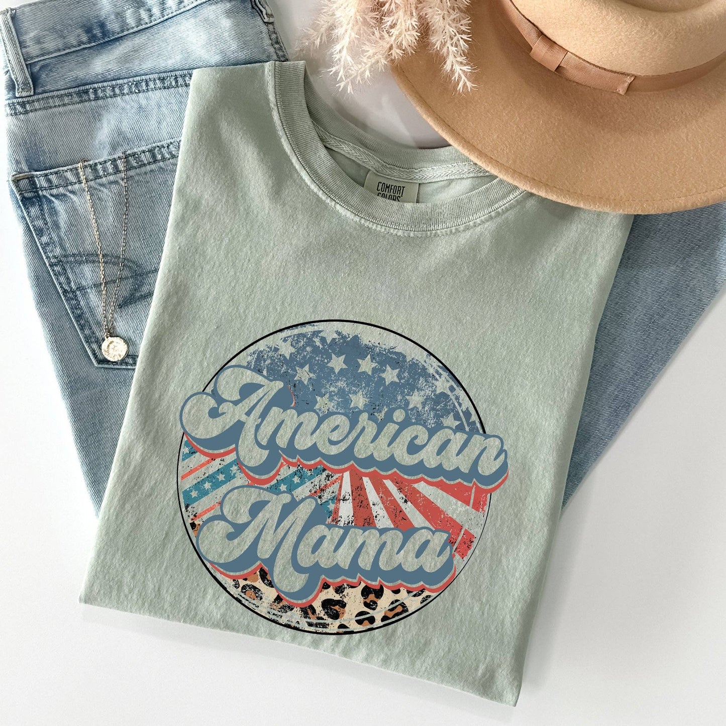 American Mama, Leopard Print, Patriotic, 4th of July Tshirt: Medium / Ivory