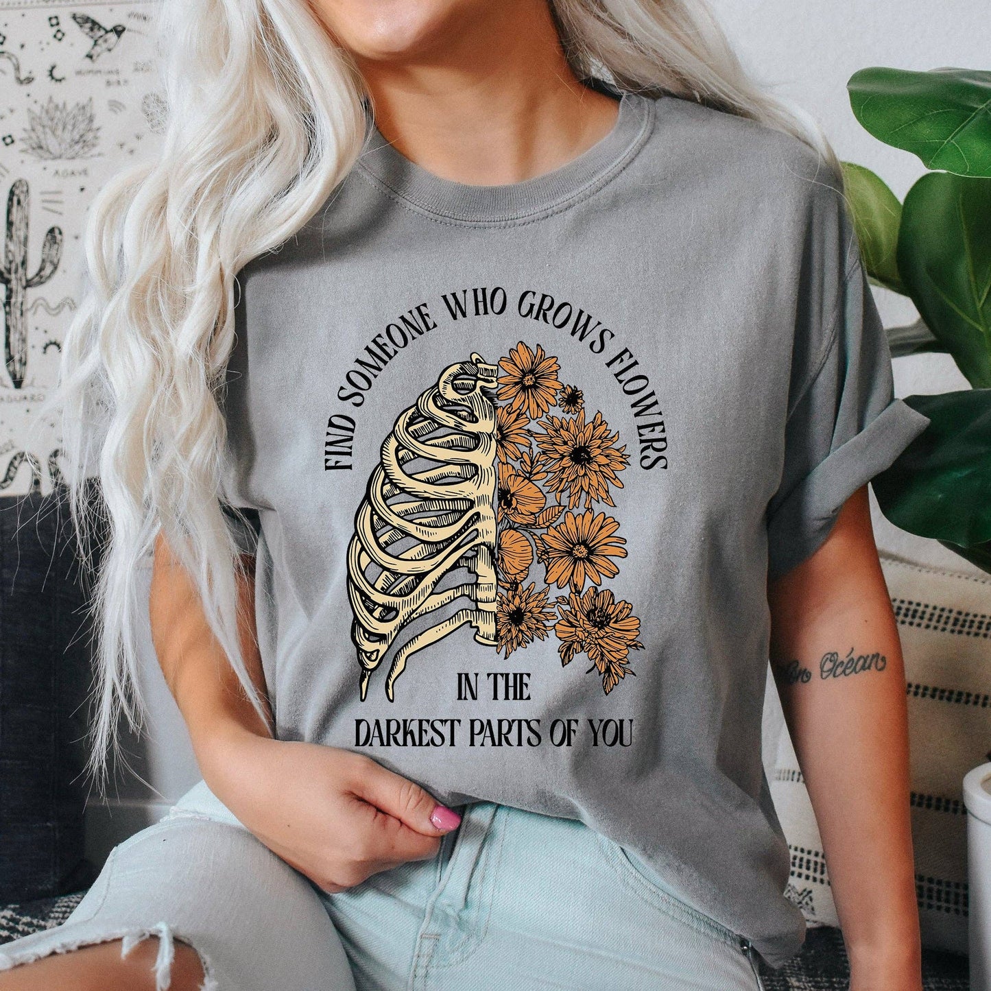 Find Someone Who Grows Flowers, Skeleton, Cowgirl, Tshirt: Medium / Pepper Dark Gray