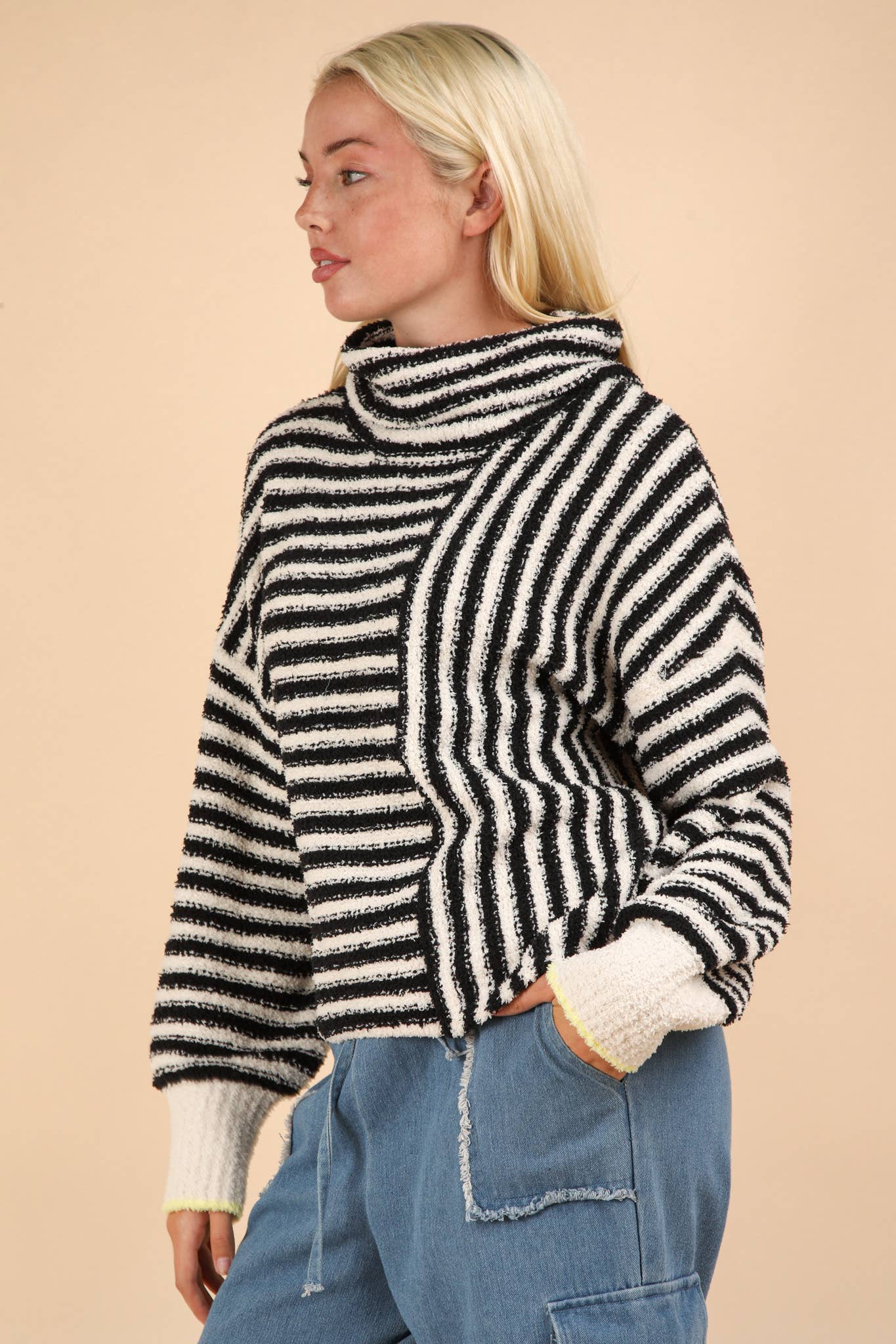 12W3186N-Mock Neck Soft Striped Knit Sweater Top: SAGE / S-M-L/2-2-2