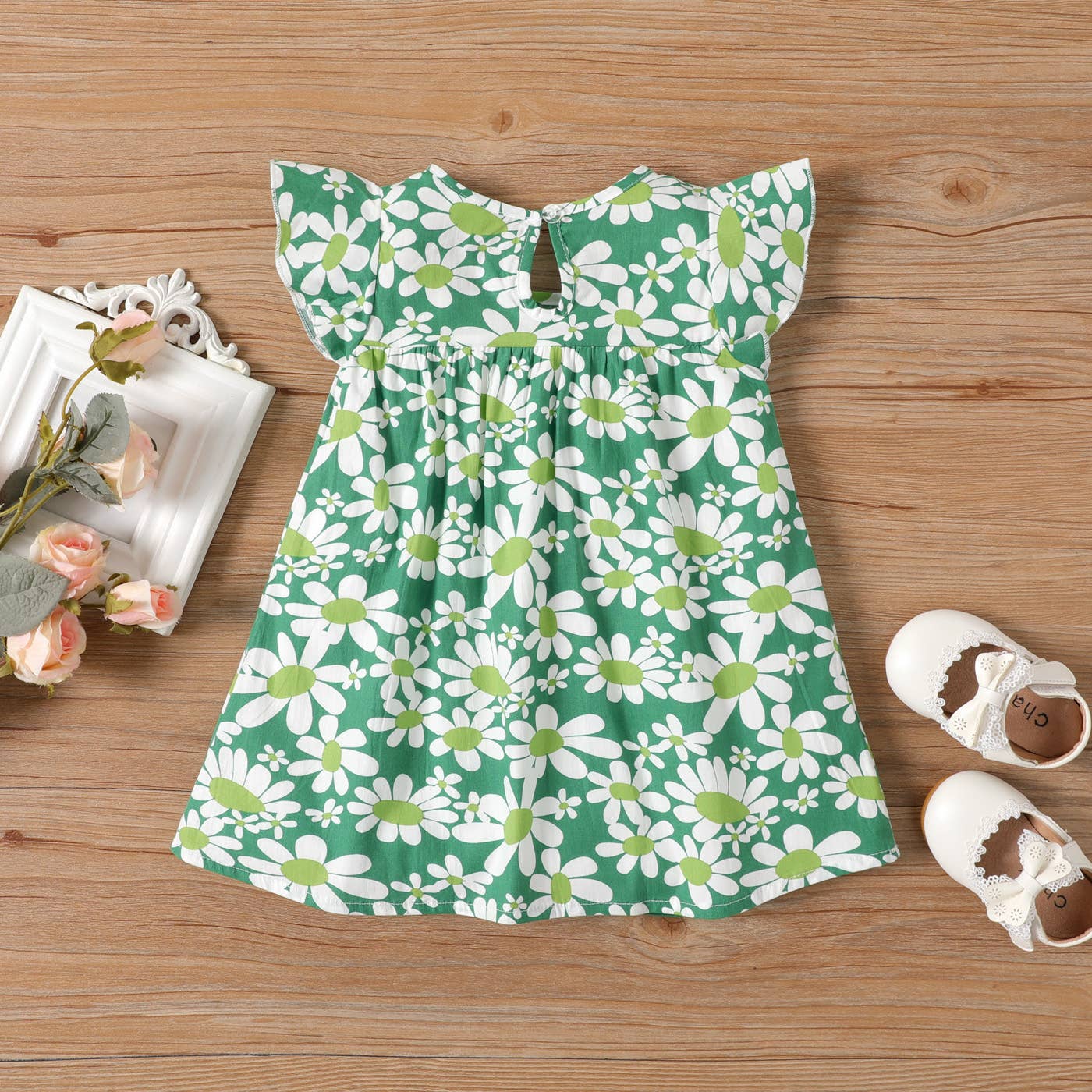 100% Cotton Baby All Over Floral Print Flutter-sleeve Dress: Pink / 12-18 Months