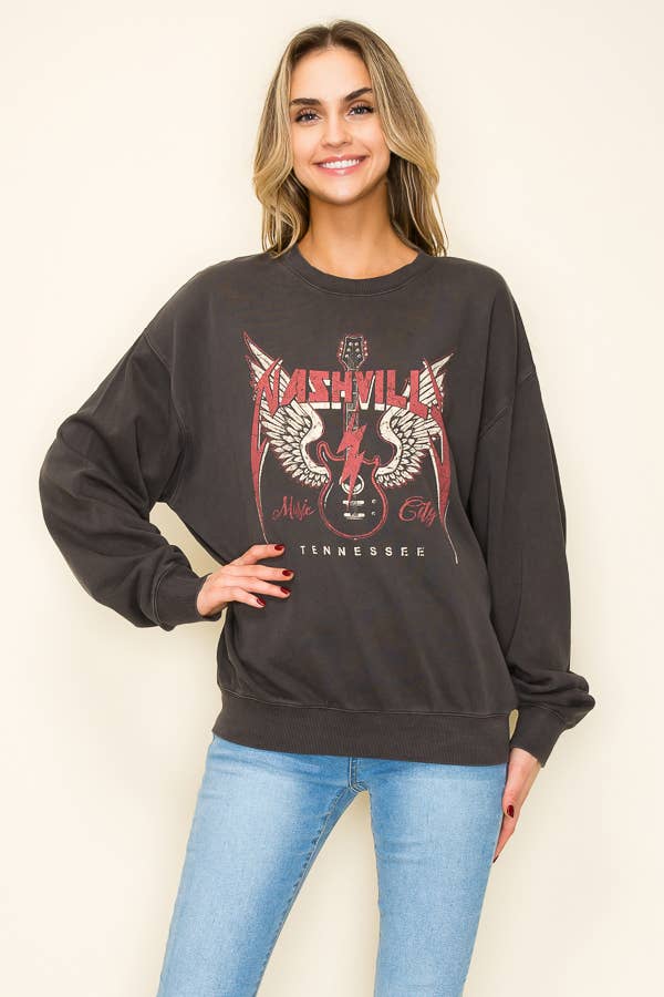 PREMIUM WASH NASHVILLE GUITAR GRAPHIC SWEATSHIRT: X-LARGE