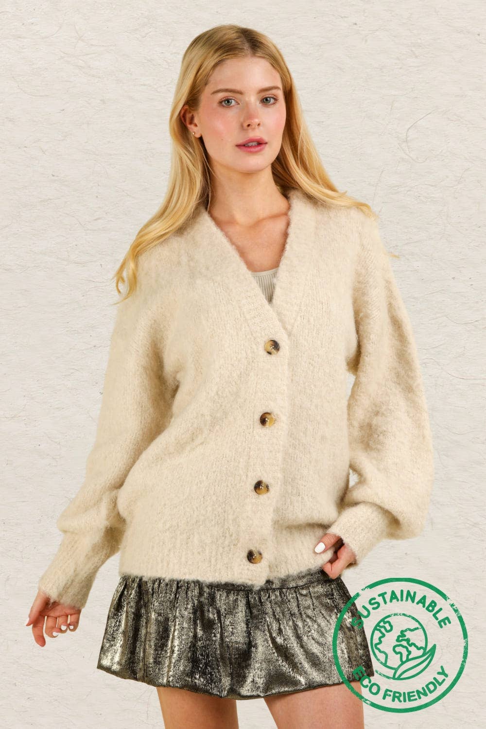 12W3180V-ECO Mohair Button Down Soft Knit Sweater Cardigan: PINK / S-M-L/2-2-2