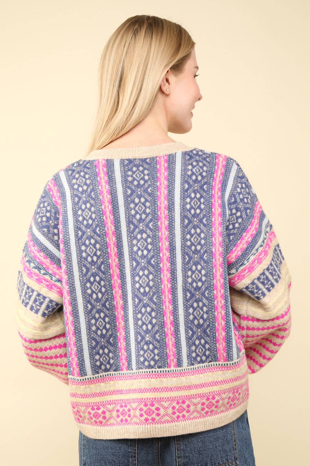12W3239N-Oversized Cozy Printed Knit Sweater Top: SAGE MIX / S-M-L/2-2-2
