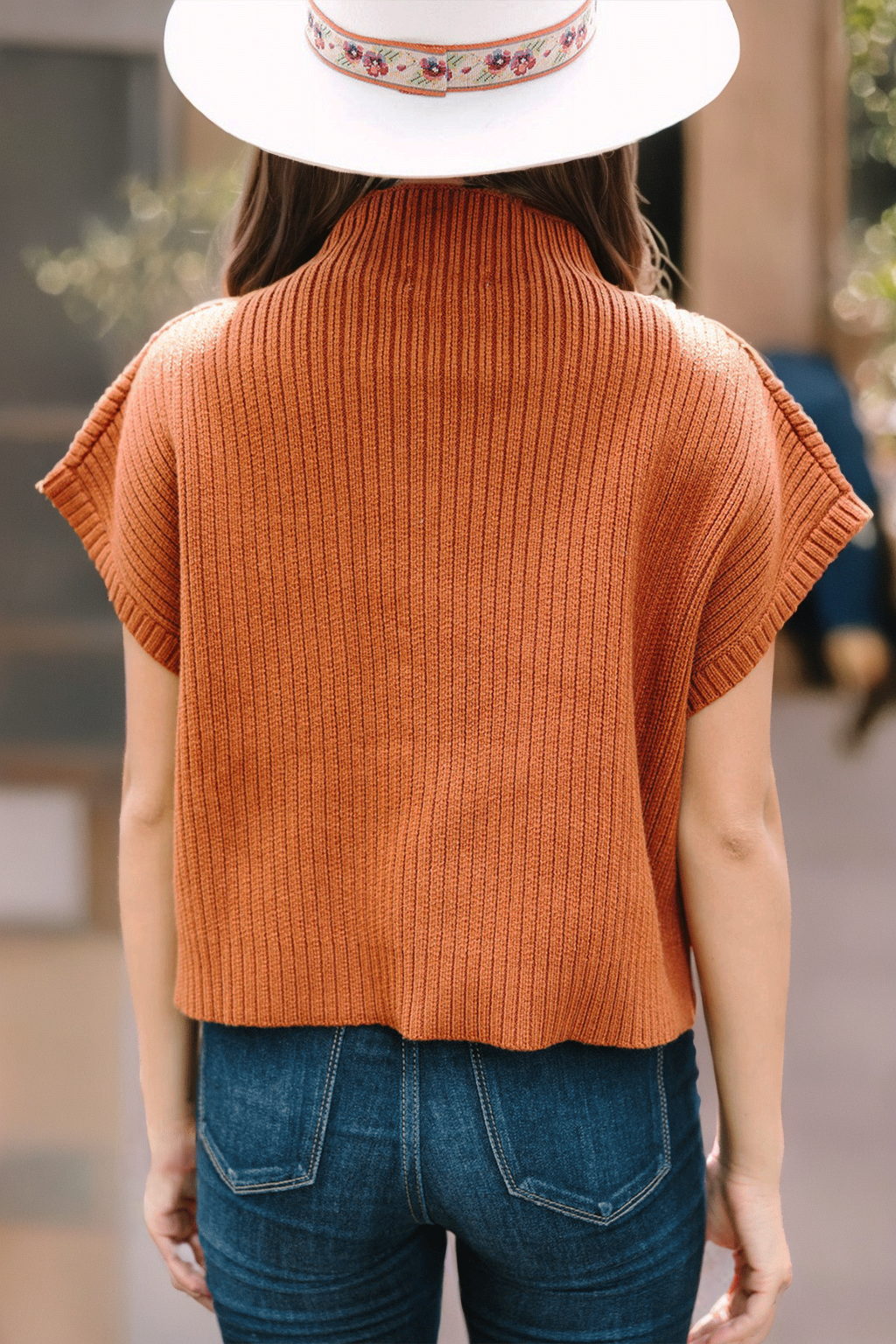 Patch Pocket Ribbed Knit Short Sleeve Sweater/Multicolor: M / Black