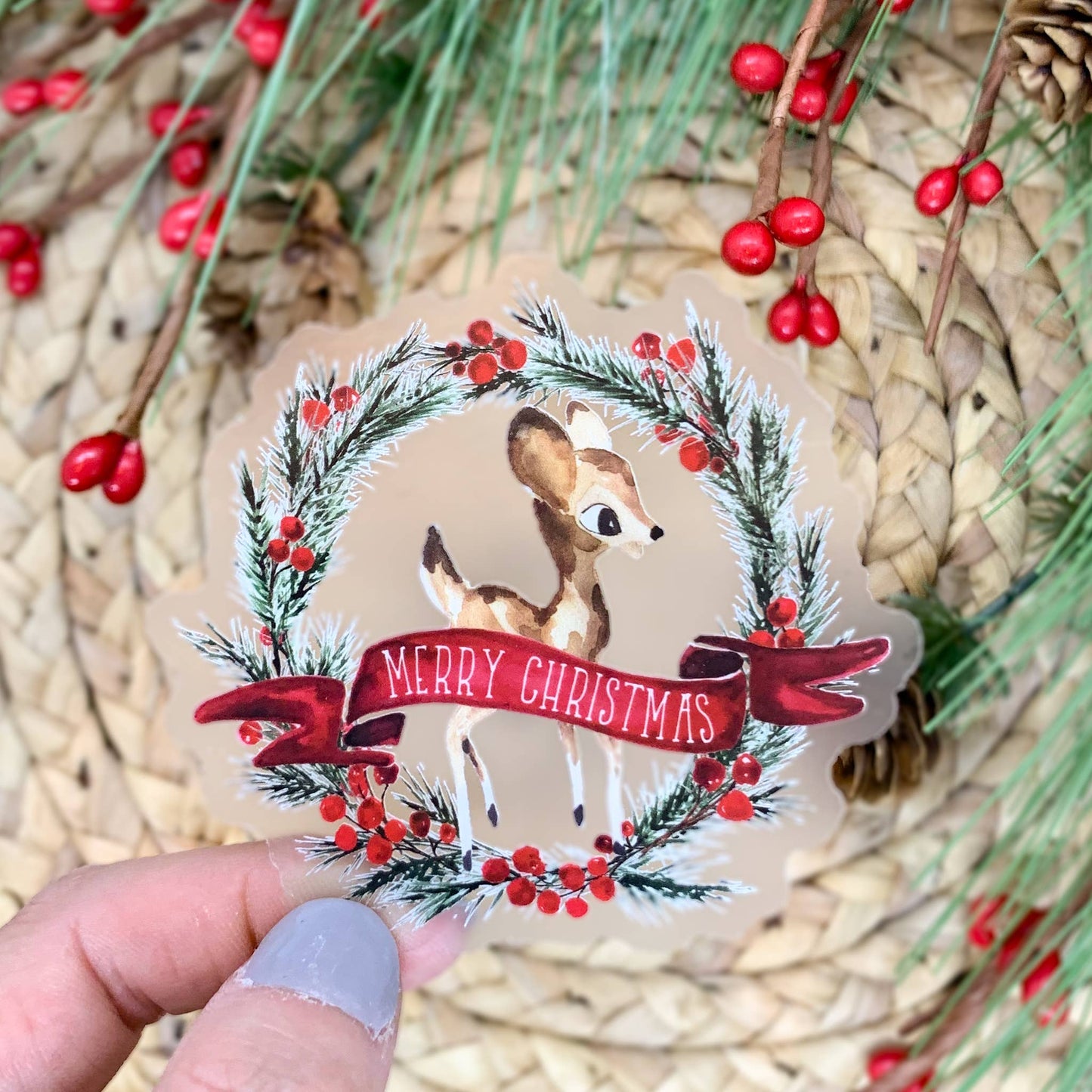 Merry Christmas, Wreath Deer Clear Vinyl Sticker 3x3 in.