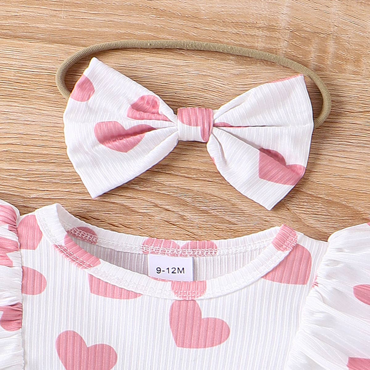 2pcs Baby Heart Print Ruffled Faux-two Bow Front Dress Set: Green / 6-9M