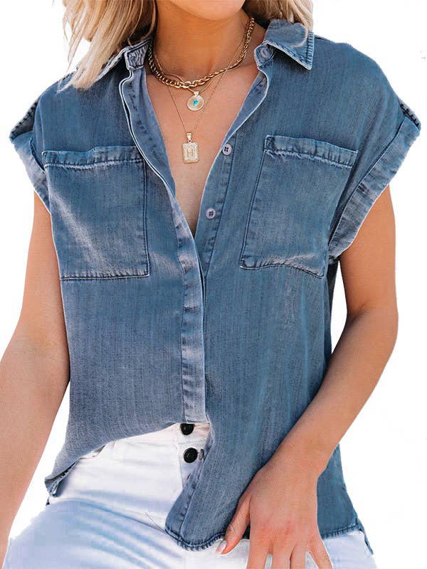 Vintage washed distressed denim sleeveless shirt vest top: Blue / XL