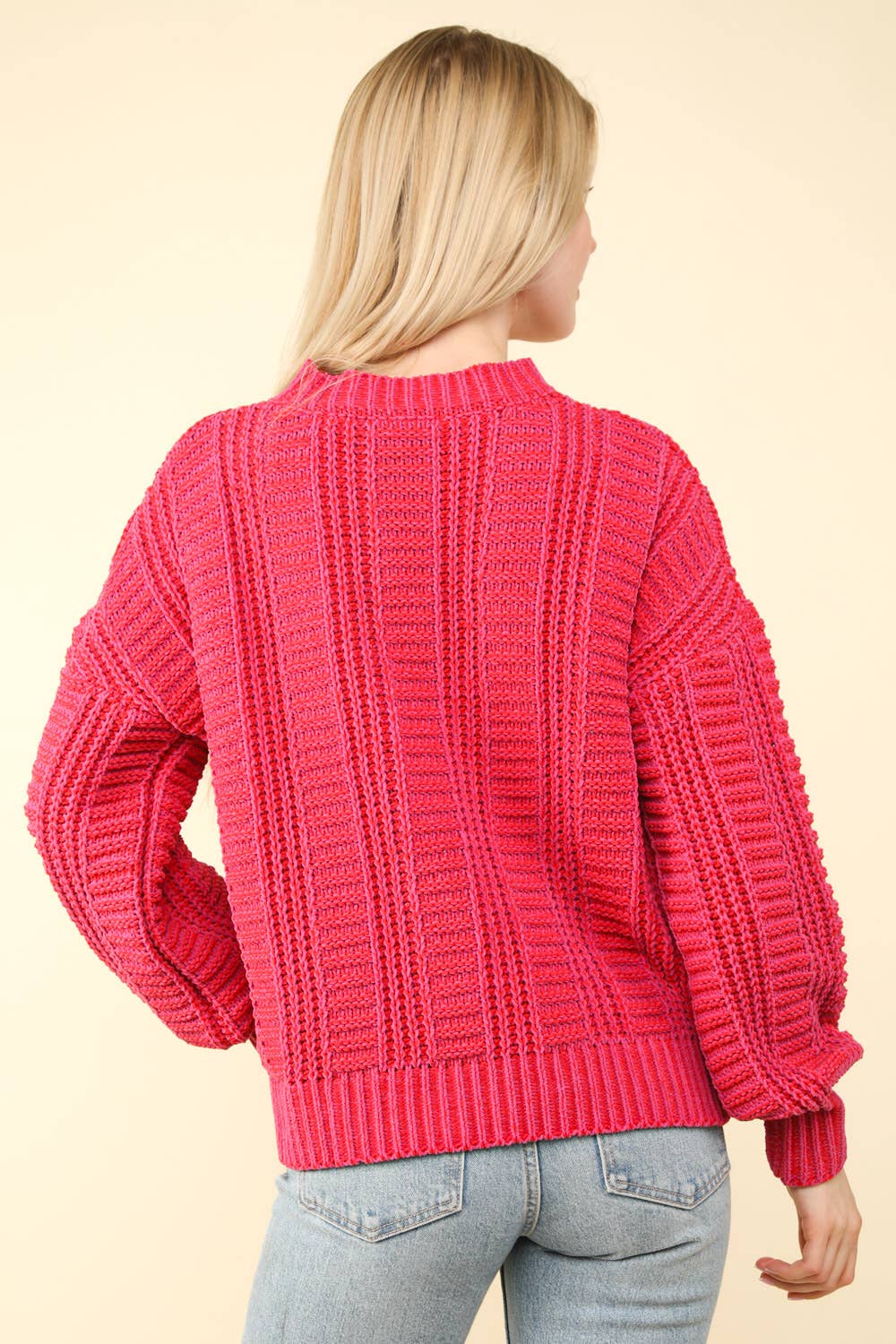 12W3096N-Two Tone Cozy Sweater Knit Top: Red / S-M-L/2-2-2