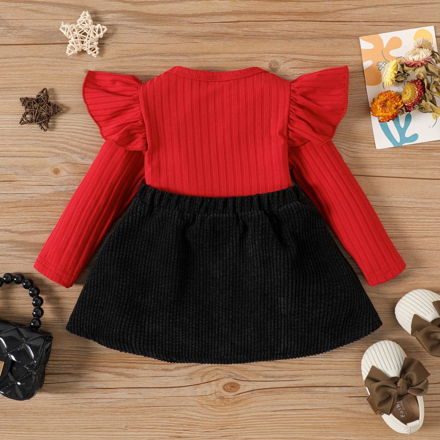 2pcs Baby Girl Rib Knit Ruffled Top and Corduroy Skirt Set: Red / 12-18 Months