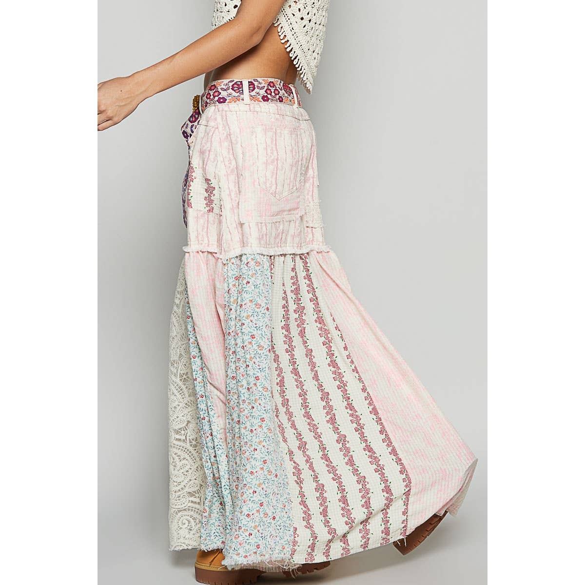 Woven floral print mixed skirt: PINK MULTI / L