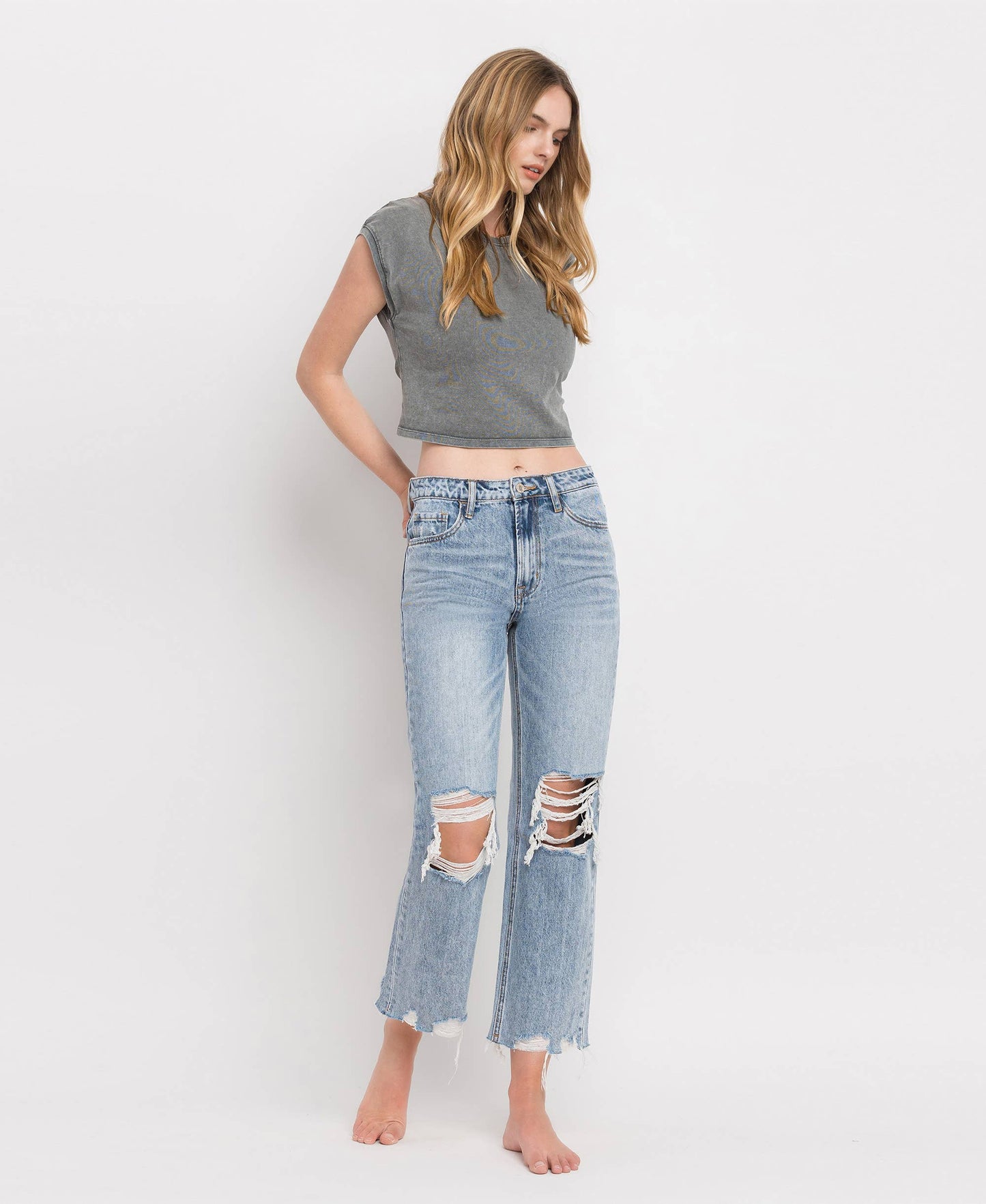 SUPER HIGH RISE CROP STRAIGHT JEANS V2404: BLUE MELODY / 25