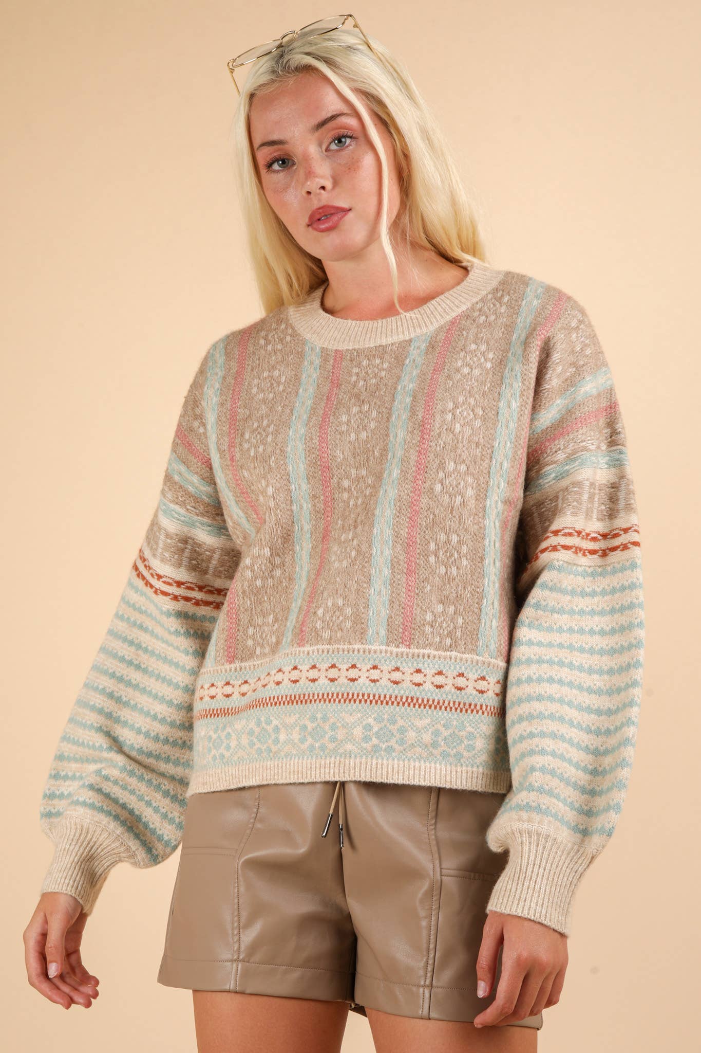 12W3239N-Oversized Cozy Printed Knit Sweater Top: SAGE MIX / S-M-L/2-2-2