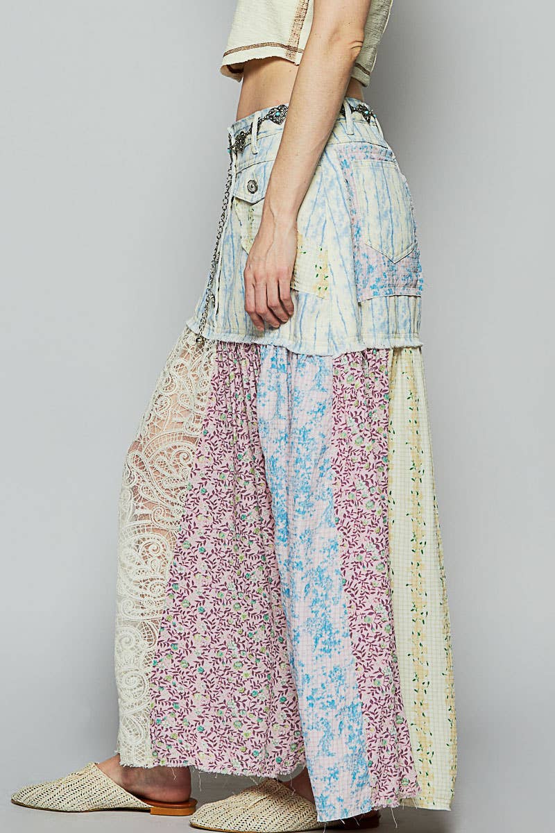 Woven floral print mixed skirt: PINK MULTI / L