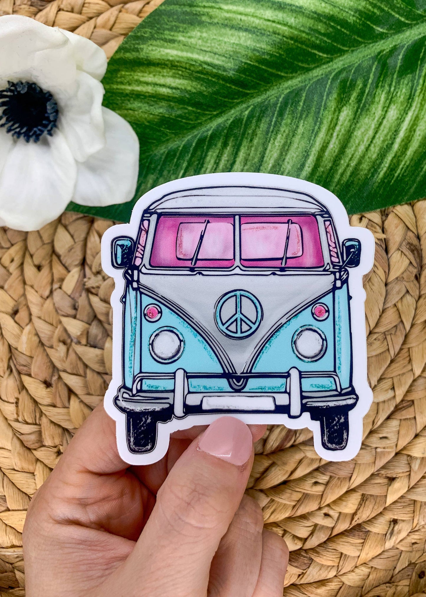 Retro Van, White Vinyl Sticker, 3x3 inch
