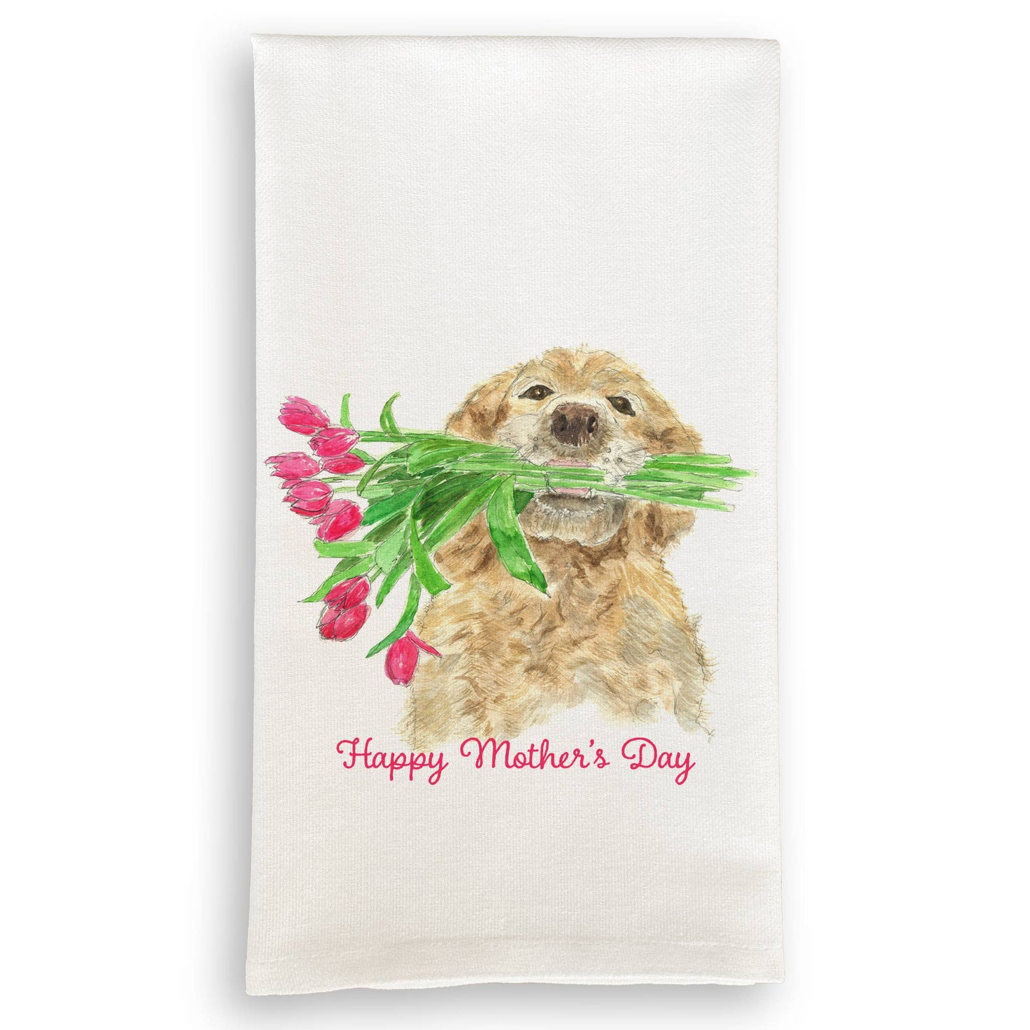 Dog Holding Flowers with Quote Dish Towel