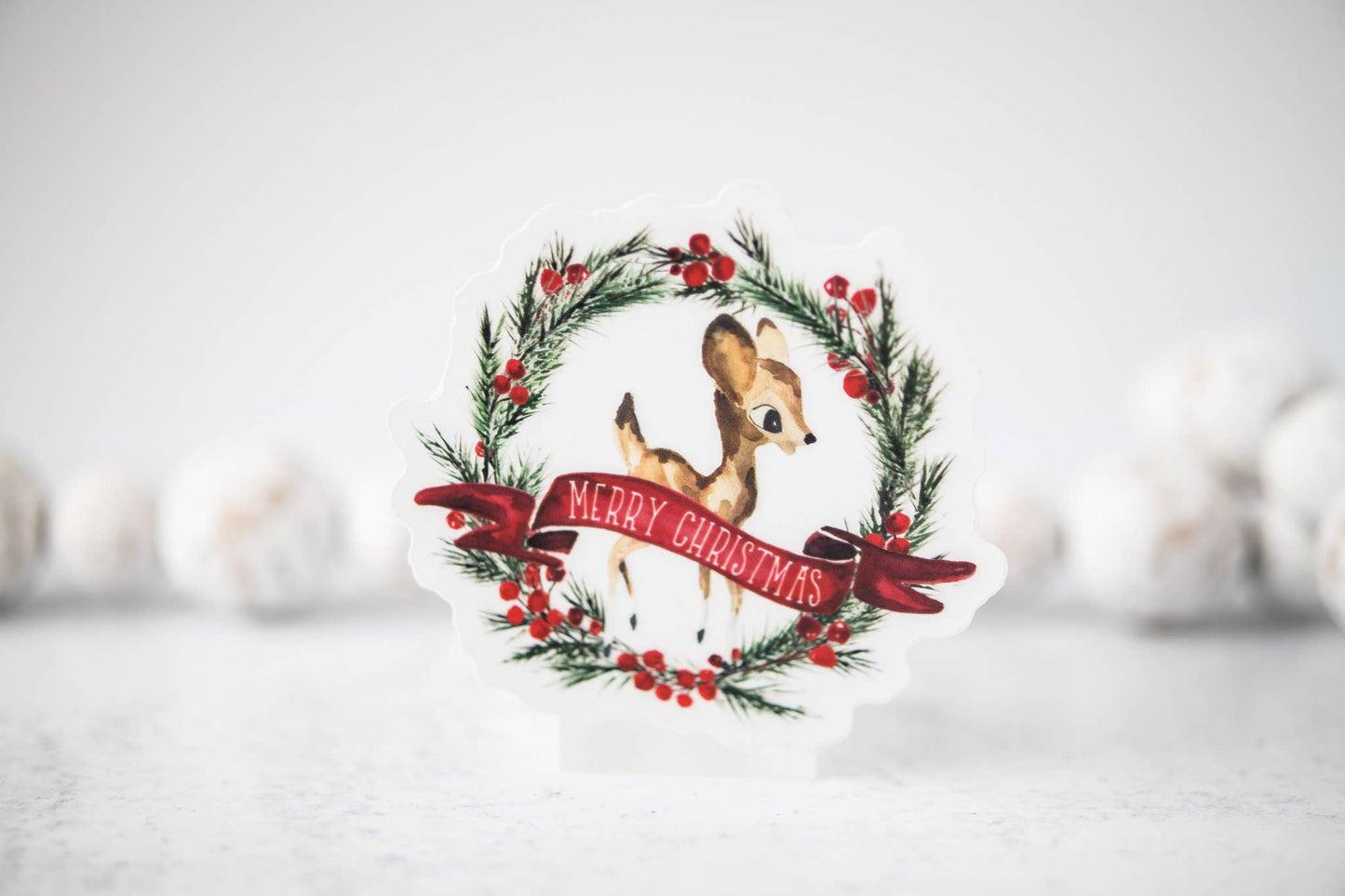 Merry Christmas, Wreath Deer Clear Vinyl Sticker 3x3 in.