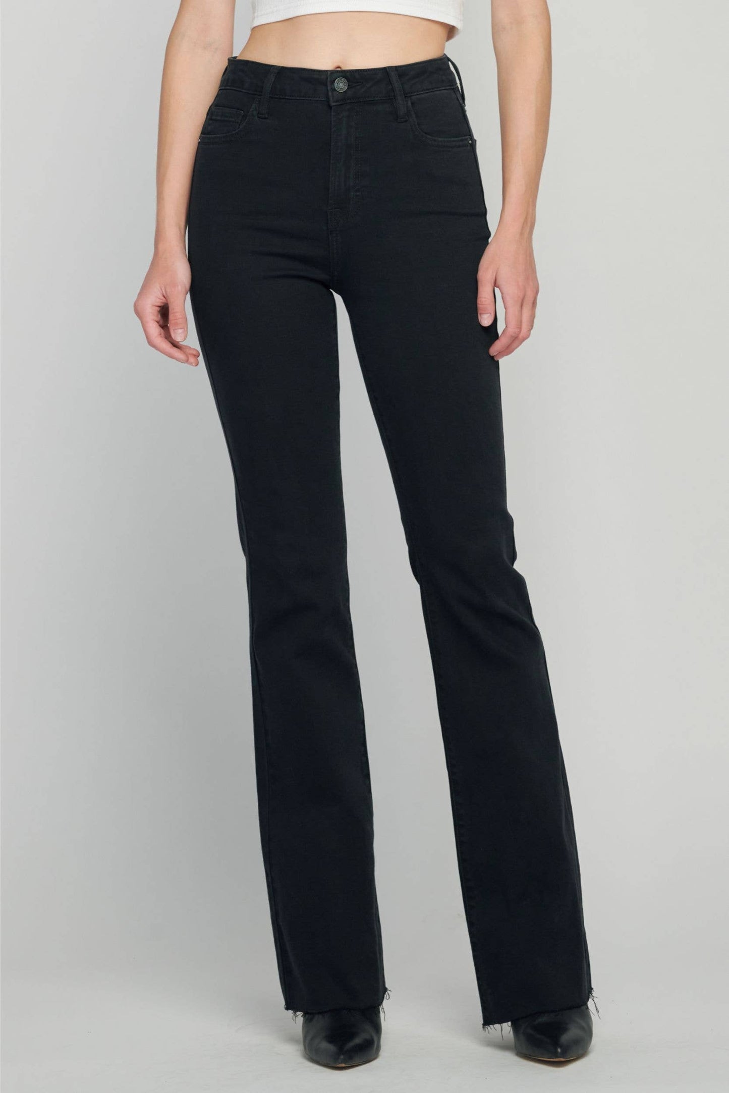 JET BLACK 33" INSEAM RAW HEM FLARE: 29