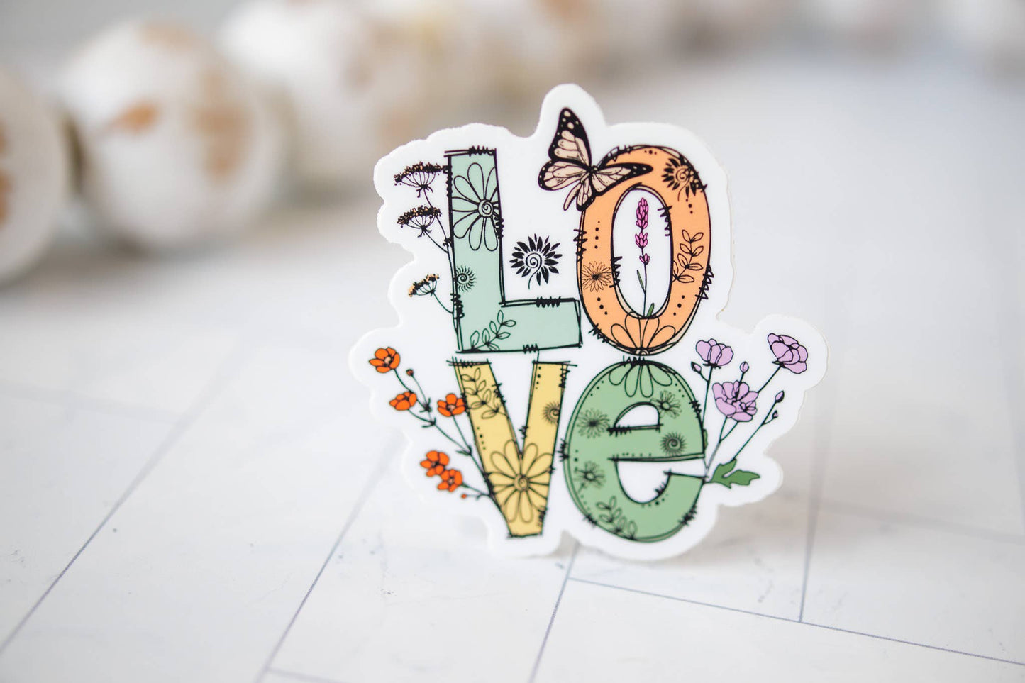 LOVE, Floral With Butterfly, Vinyl Sticker, 3x3 in.